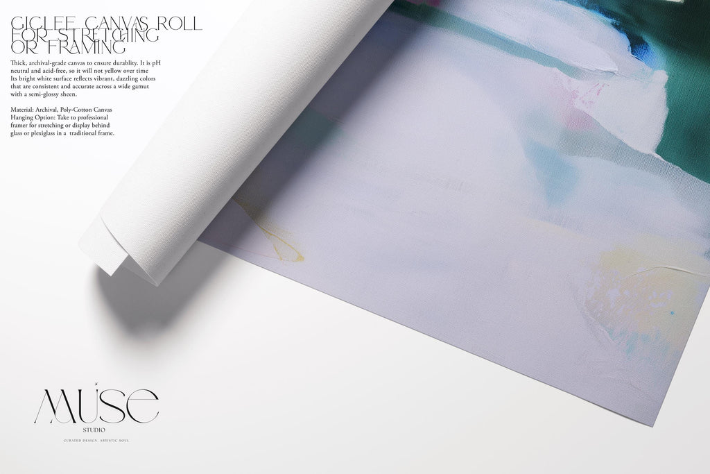 Square pastel abstract wall art in soft green, blue, and pink hues with a minimalist, serene design. Ideal for bedrooms or nurseries seeking gentle color and calm ambiance. Available as fine art poster or framed wall art by Muse Studio.