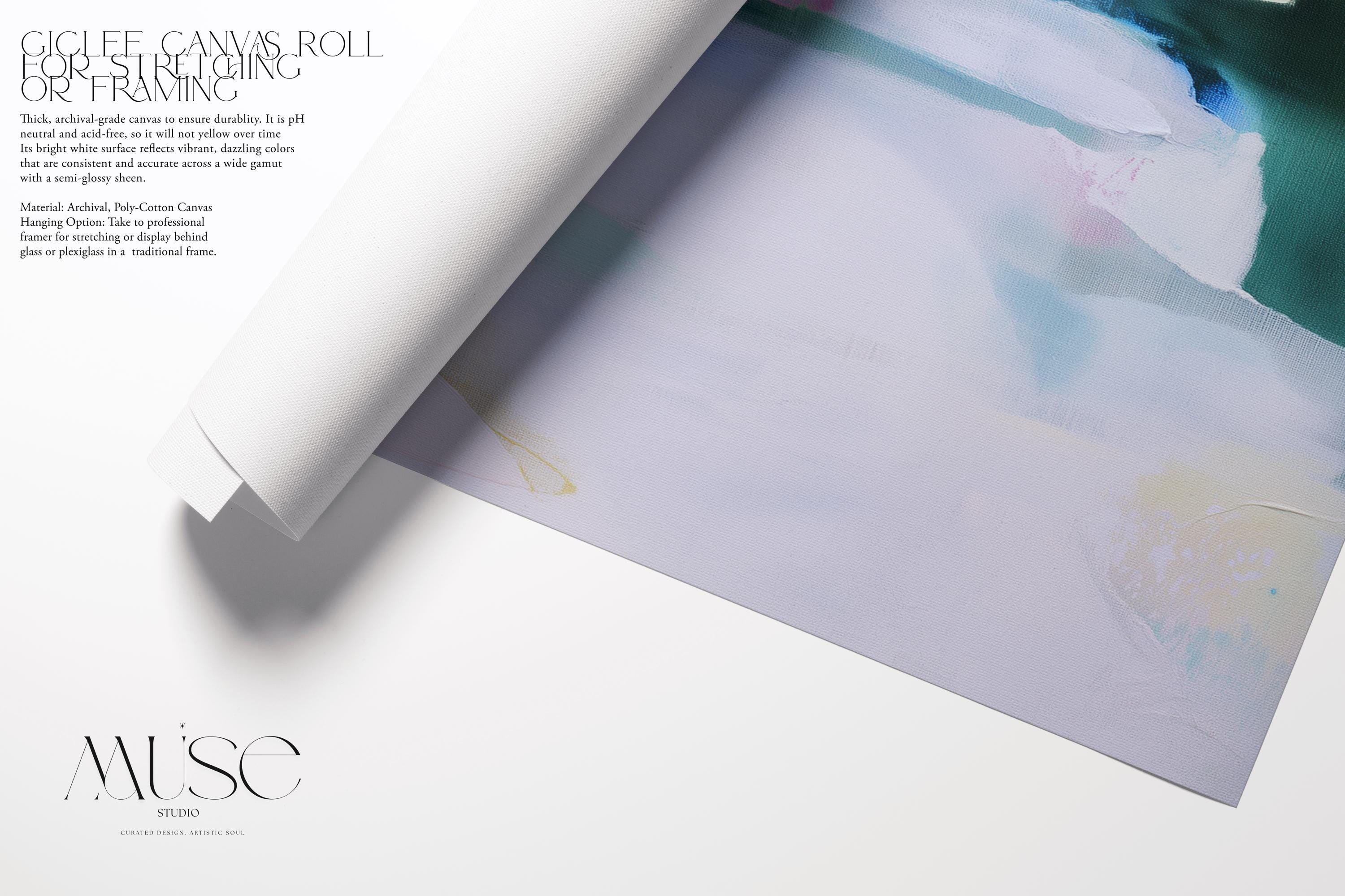 Square pastel abstract wall art in soft green, blue, and pink hues with a minimalist, serene design. Ideal for bedrooms or nurseries seeking gentle color and calm ambiance. Available as fine art poster or framed wall art by Muse Studio.