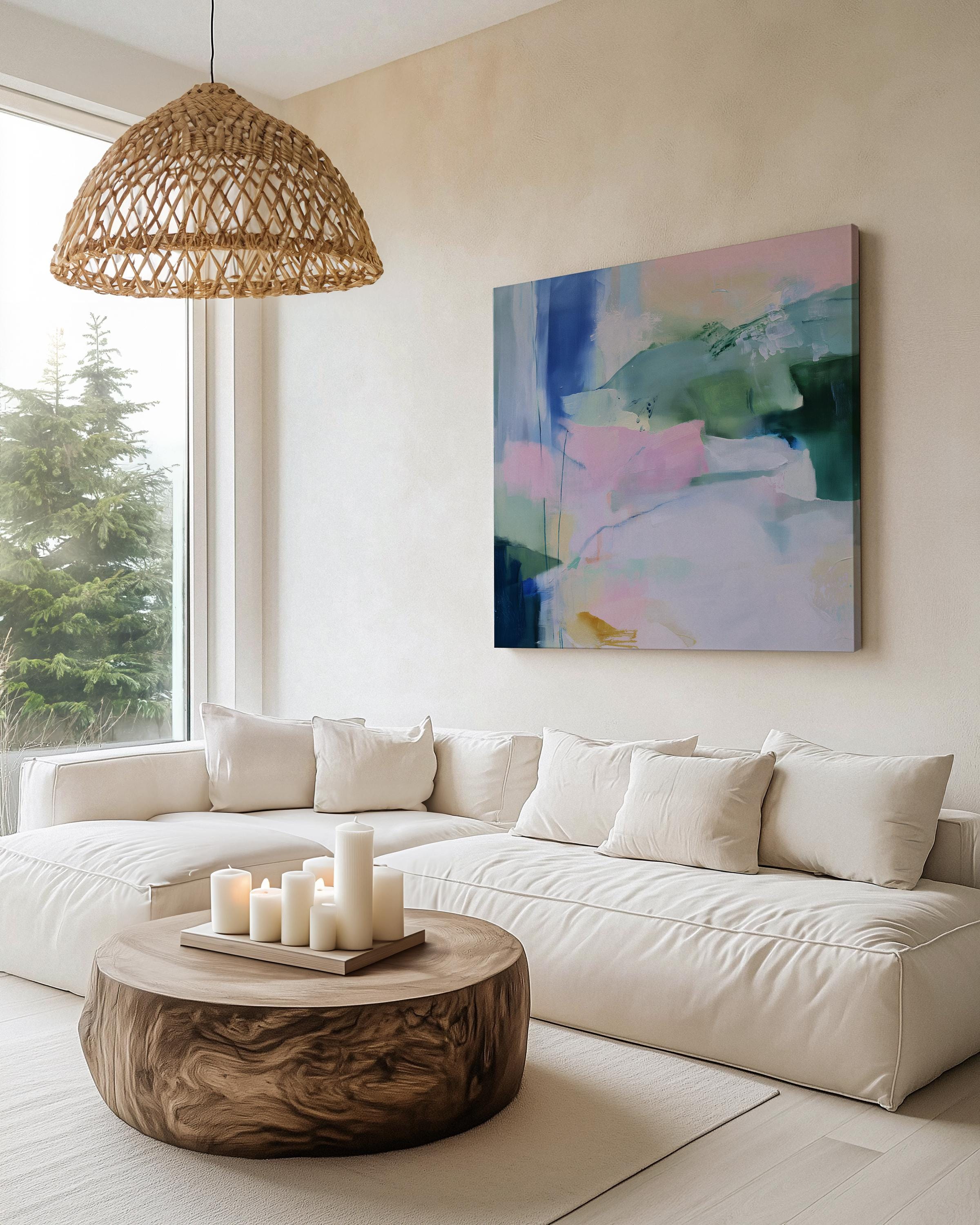 Square pastel abstract wall art in soft green, blue, and pink hues with a minimalist, serene design. Ideal for bedrooms or nurseries seeking gentle color and calm ambiance. Available as fine art poster or framed wall art by Muse Studio.