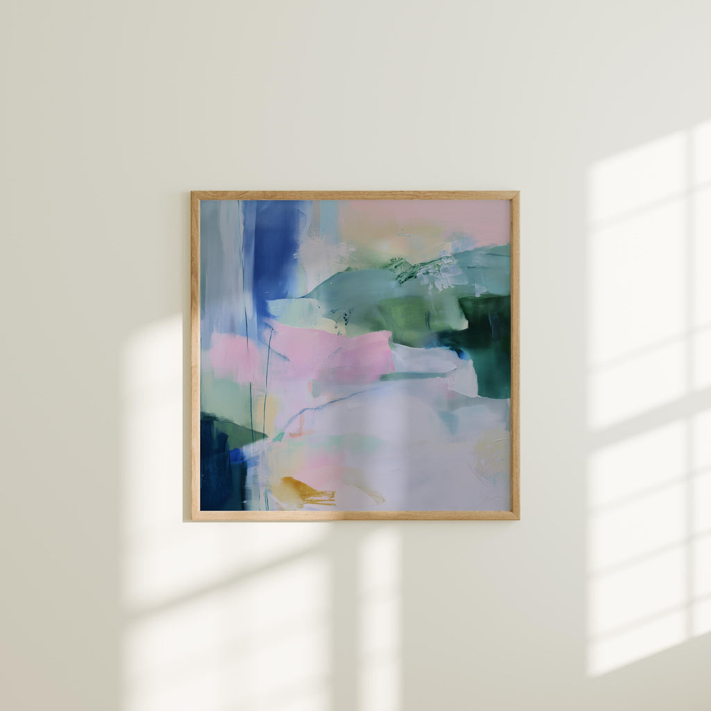 Square pastel abstract wall art in soft green, blue, and pink hues with a minimalist, serene design. Ideal for bedrooms or nurseries seeking gentle color and calm ambiance. Available as fine art poster or framed wall art by Muse Studio.