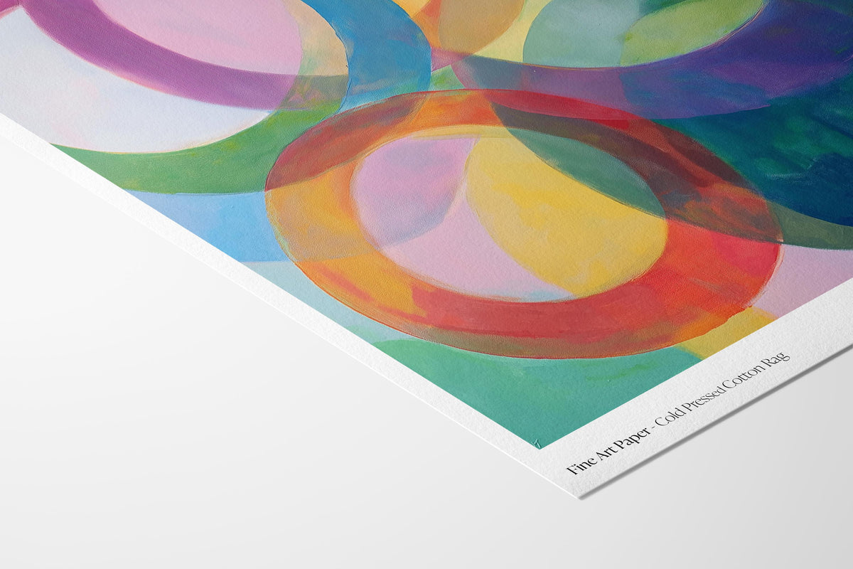 Large square abstract wall art featuring bold pink and orange geometric circles in a retro-inspired composition, printed as large canvas wall art and styled in a modern home office to create a vibrant mid-century statement focal point.