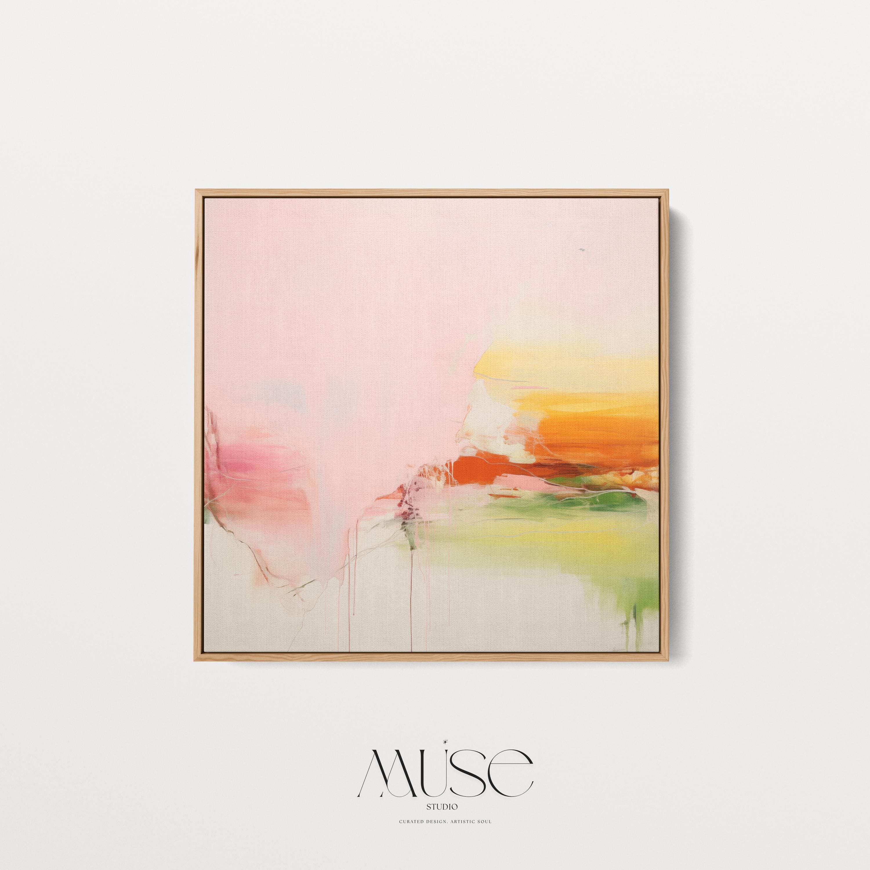 Framed Abstract Canvas Art Pink Yellow Green Modern Painting Warm Minimalist Decor for Dining Room or Office Wall Art 292