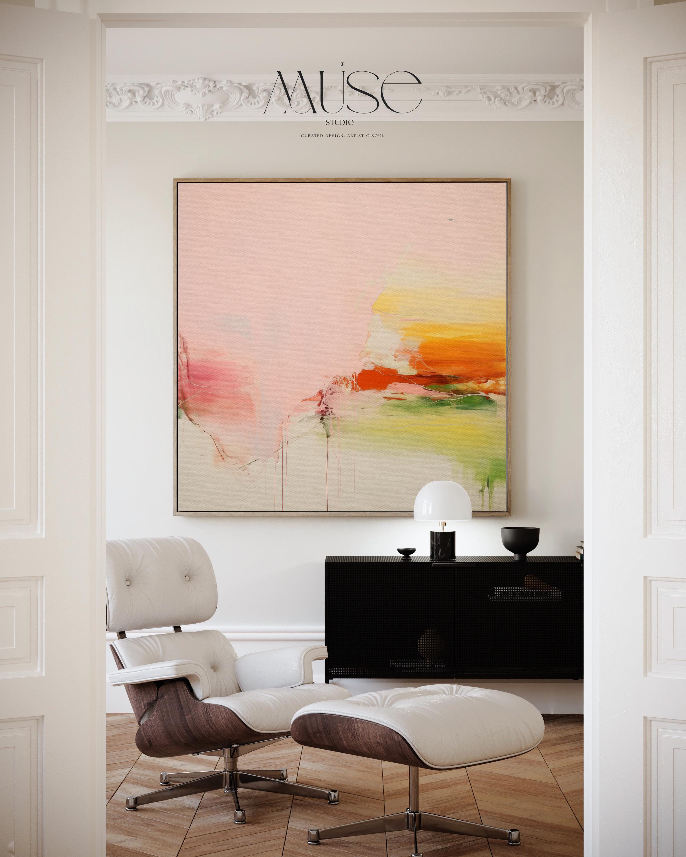 Framed Abstract Canvas Art Pink Yellow Green Modern Painting Warm Minimalist Decor for Dining Room or Office Wall Art 292