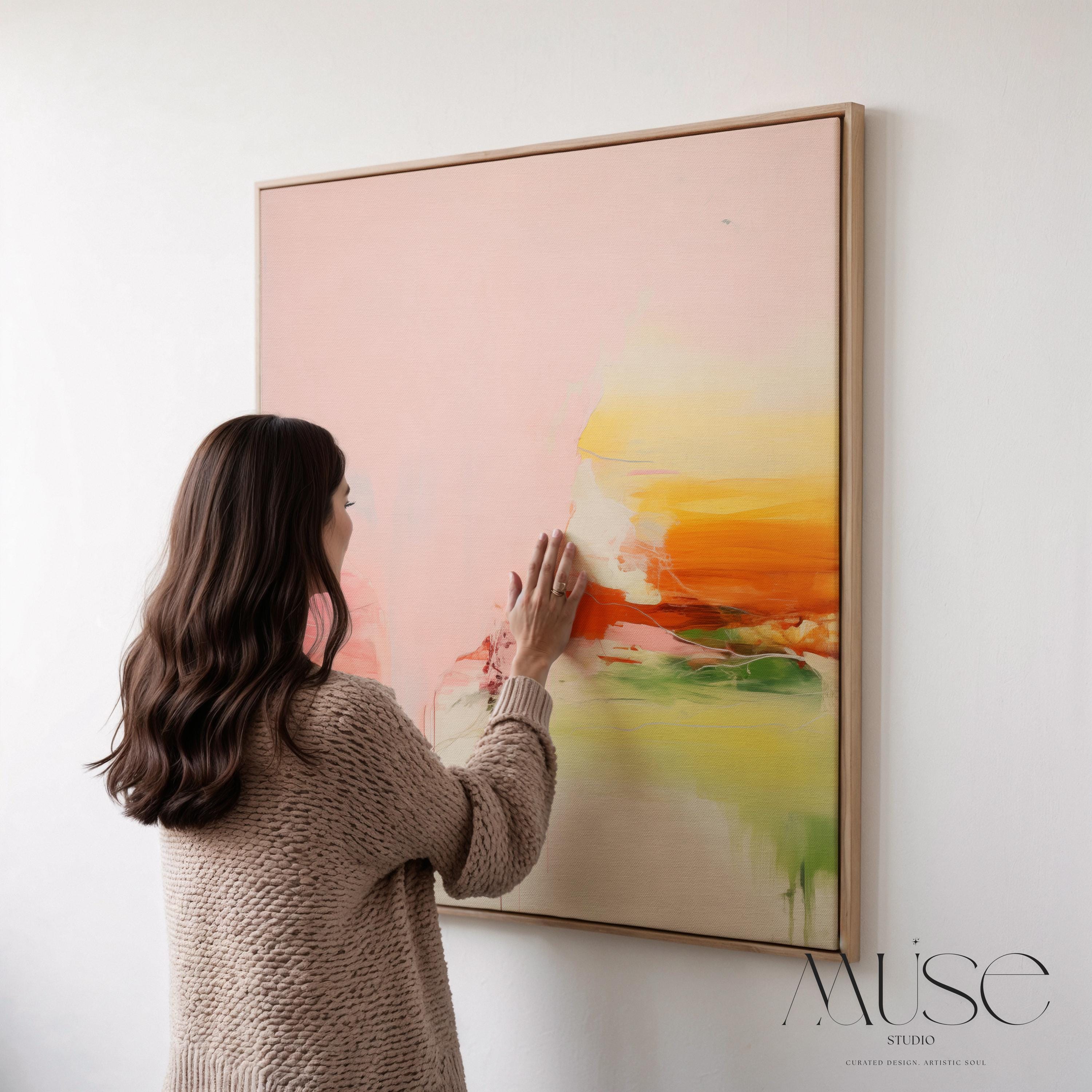 Framed Abstract Canvas Art Pink Yellow Green Modern Painting Warm Minimalist Decor for Dining Room or Office Wall Art 292