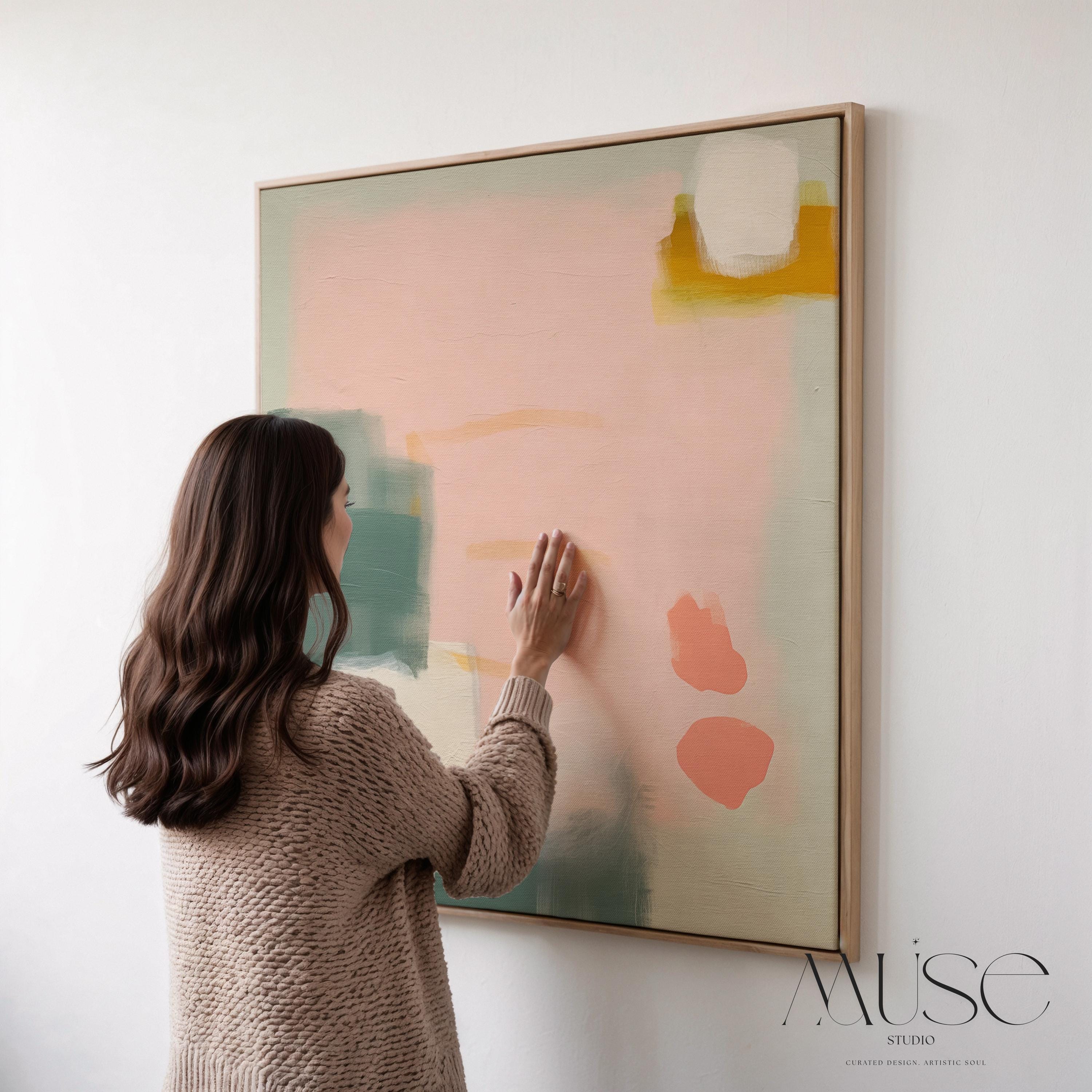 Framed Abstract Canvas Art Blush Pink Sage Green Soft Modern Painting for Neutral Bedroom Decor or Calm Contemporary Wall Style 361