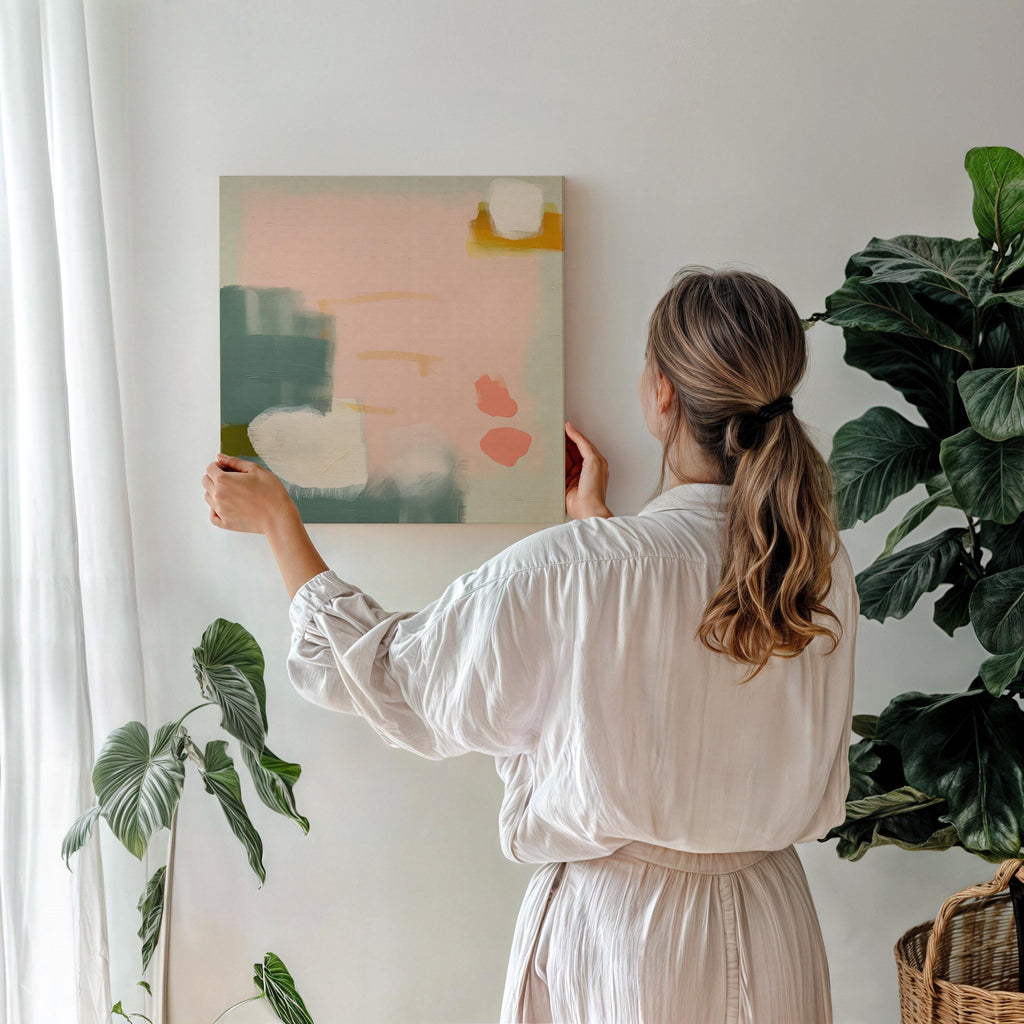Blush and sage abstract artwork by Muse Studio & Co. printed with archival giclée inks on gallery-wrapped canvas, custom produced in square large wall art sizes, designed for soft contemporary and warm minimalist interiors.