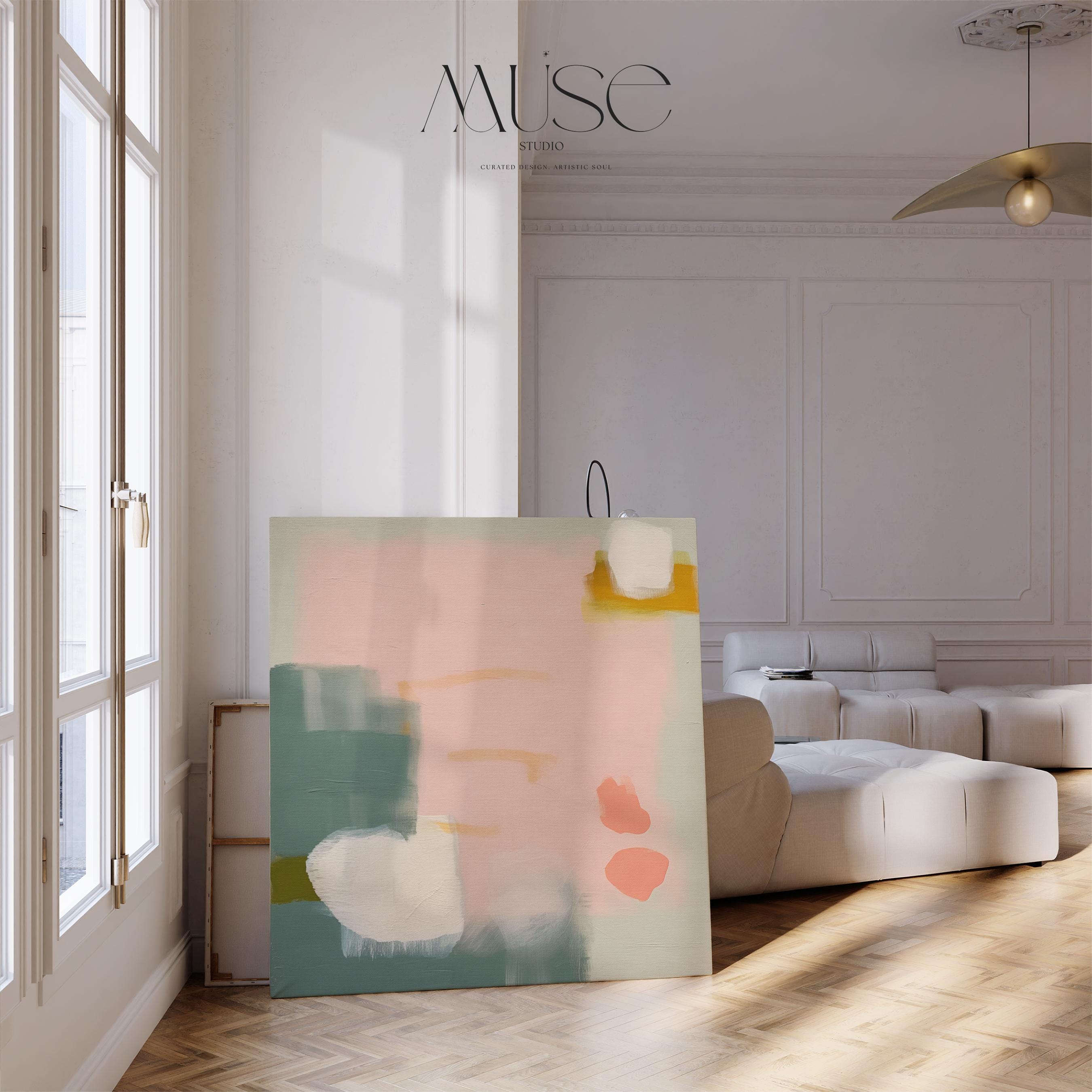 Blush and sage abstract artwork by Muse Studio & Co. printed with archival giclée inks on gallery-wrapped canvas, custom produced in square large wall art sizes, designed for soft contemporary and warm minimalist interiors.