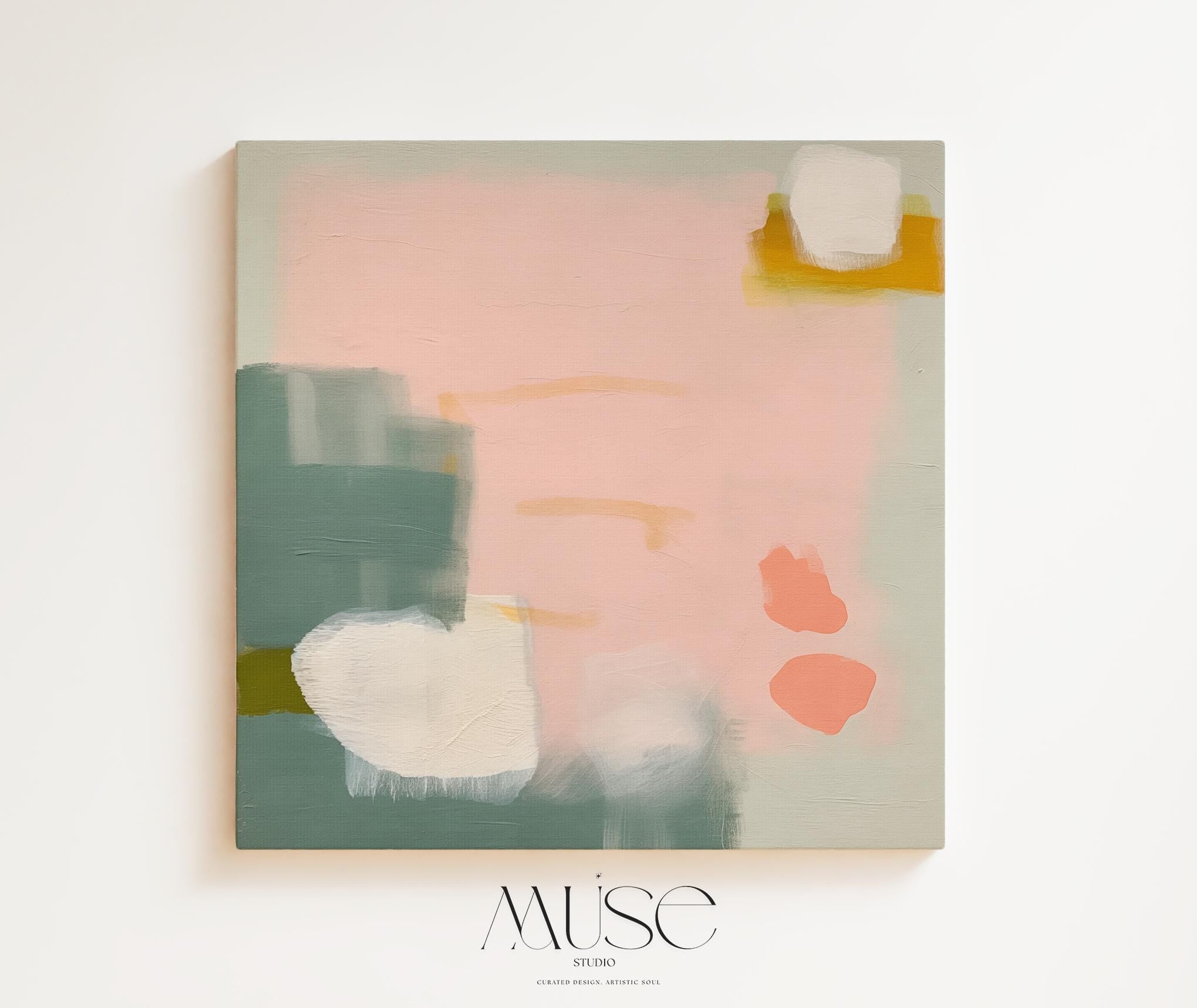 Blush and sage abstract artwork by Muse Studio & Co. printed with archival giclée inks on gallery-wrapped canvas, custom produced in square large wall art sizes, designed for soft contemporary and warm minimalist interiors.