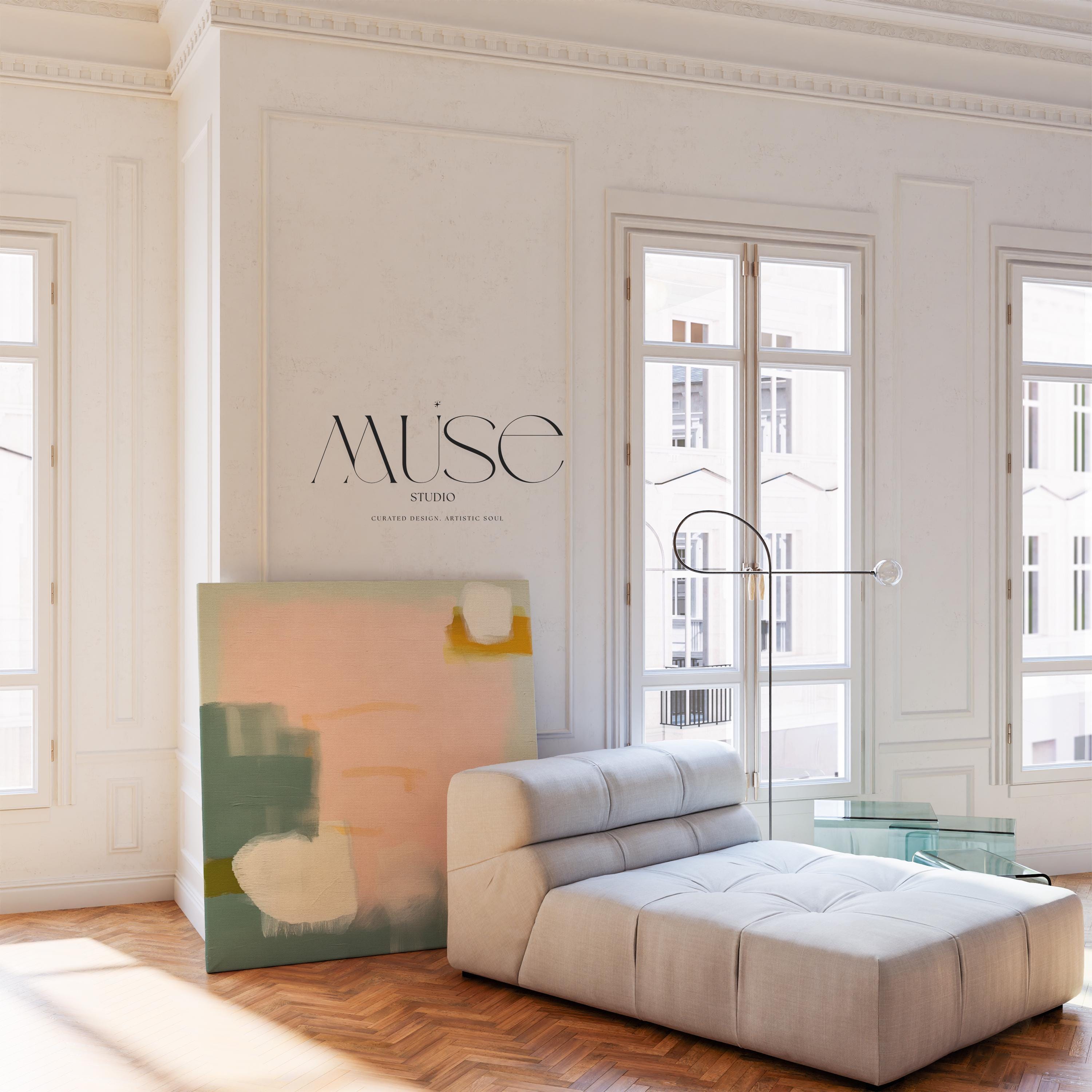Blush and sage abstract artwork by Muse Studio & Co. printed with archival giclée inks on gallery-wrapped canvas, custom produced in square large wall art sizes, designed for soft contemporary and warm minimalist interiors.