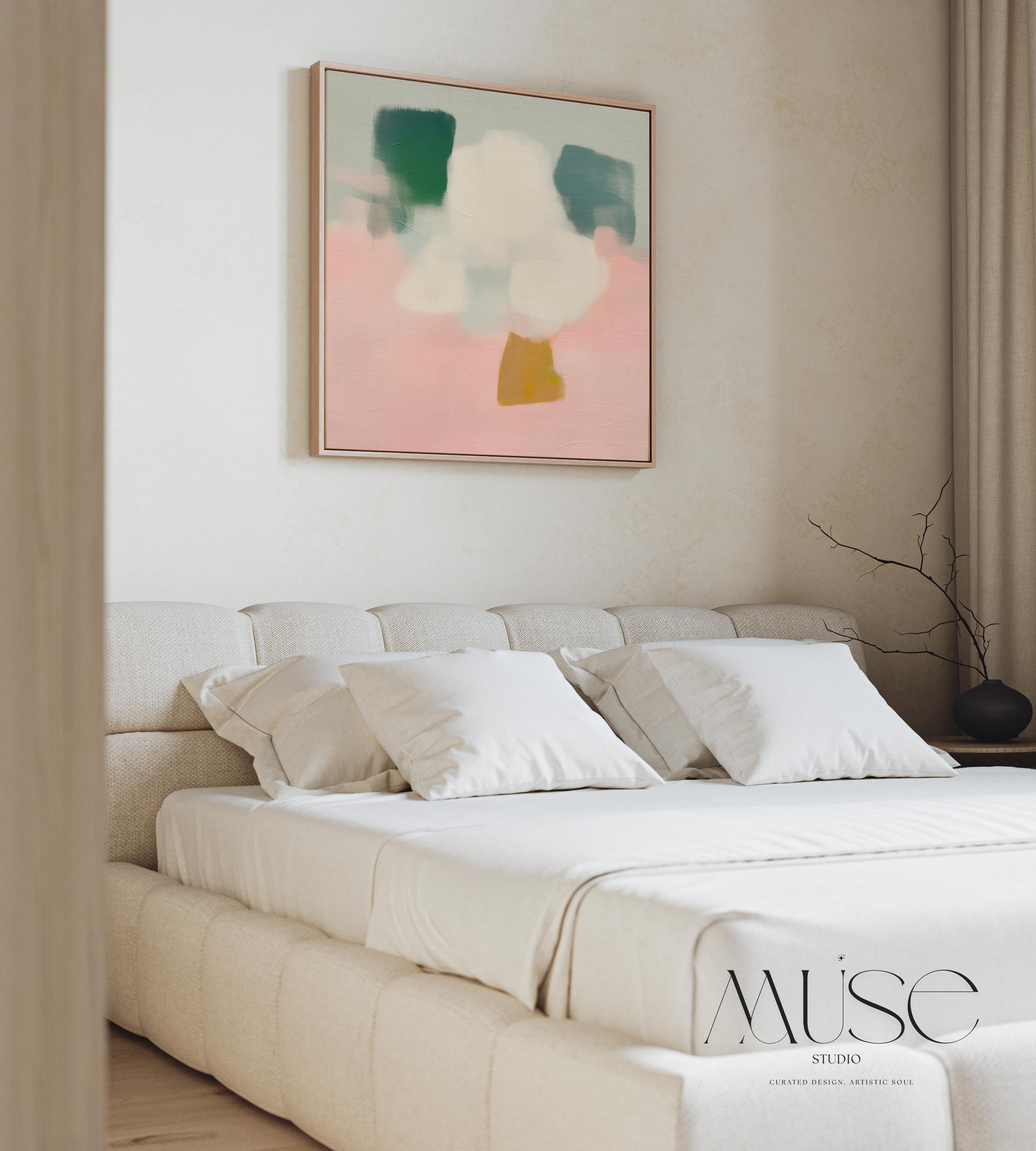 Framed Abstract Canvas Art Pink Yellow Green Modern Painting Warm Minimalist Decor for Dining Room or Office Wall Art 292