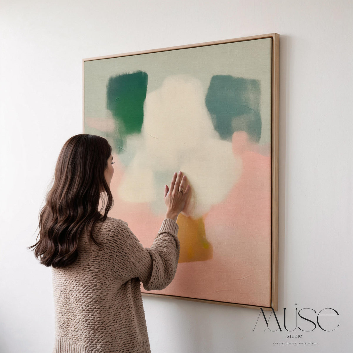 Framed Abstract Canvas Art Pink Yellow Green Modern Painting Warm Minimalist Decor for Dining Room or Office Wall Art 292 Framed Canvas Art Colorful abstract wall art on framed canvas, perfect for bold decor art and modern wall decor. Large statement piece with expressive brushstrokes and rich textures. Ready-to-hang giclée canvas designed to energize living rooms, offices, bedrooms and curated interiors. Muse Studio Decor Art.