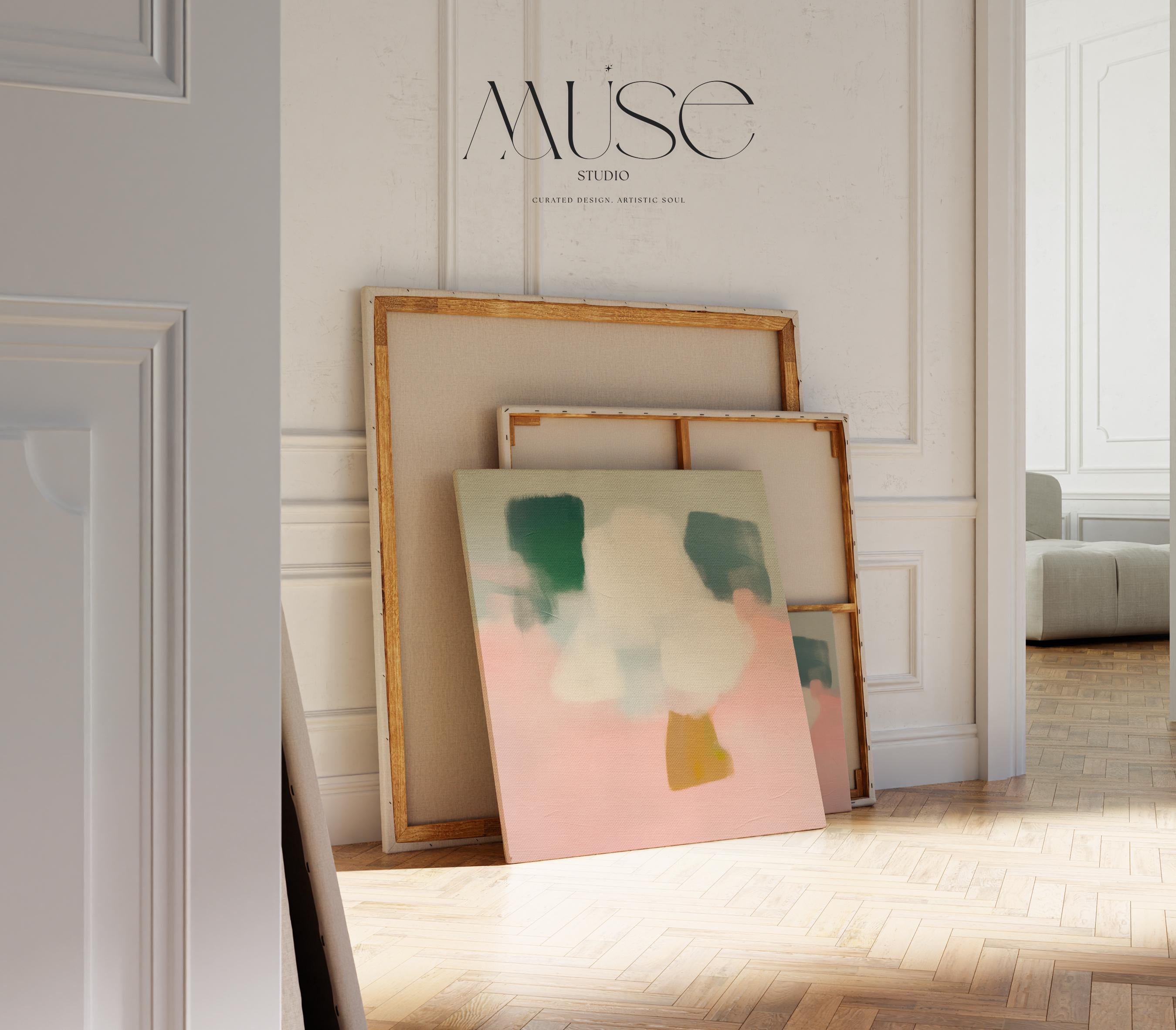 Square abstract canvas art in blush pink, sage green, and cream with soft blurred shapes. A minimal, pastel painting that suits boho and soft contemporary interiors. Ideal for dreamy bedrooms, nurseries, or calming living spaces. Giclée printed on 400gsm cotton canvas, stretched on 38mm frame, gallery-wrapped for a clean edge presentation.