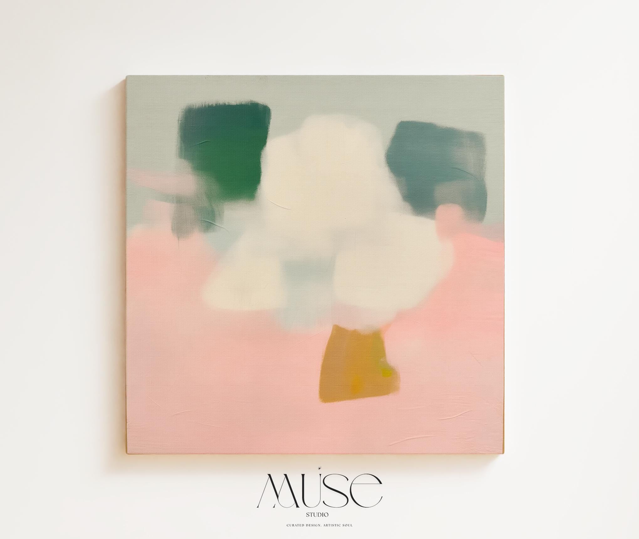 Square abstract canvas art in blush pink, sage green, and cream with soft blurred shapes. A minimal, pastel painting that suits boho and soft contemporary interiors. Ideal for dreamy bedrooms, nurseries, or calming living spaces. Giclée printed on 400gsm cotton canvas, stretched on 38mm frame, gallery-wrapped for a clean edge presentation.