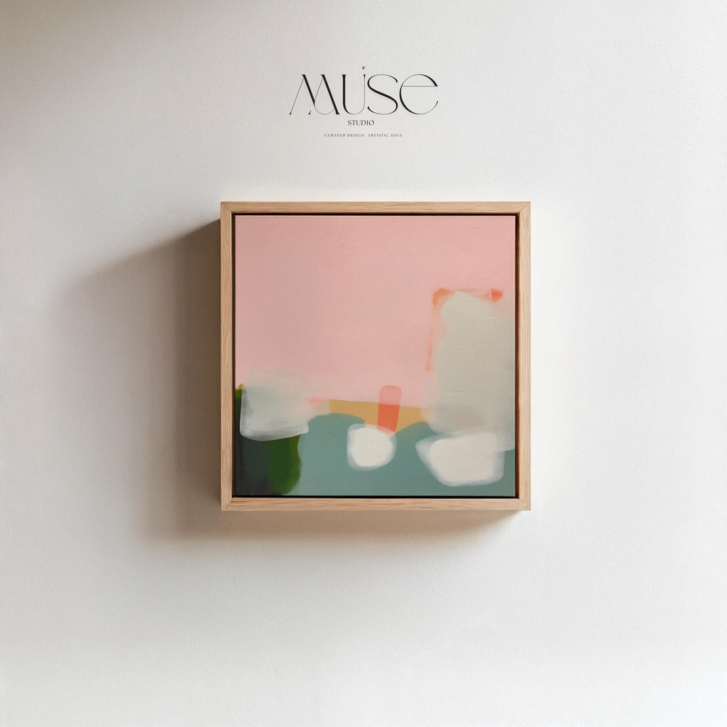 Framed Wall Art Soft Abstract Painting in Pink Green White for Neutral Organic Bedroom or Modern Living Room Decor Muse Studio 363 Framed Canvas Art Colorful abstract wall art on framed canvas, perfect for bold decor art and modern wall decor. Large statement piece with expressive brushstrokes and rich textures. Ready-to-hang giclée canvas designed to energize living rooms, offices, bedrooms and curated interiors. Muse Studio Decor Art.