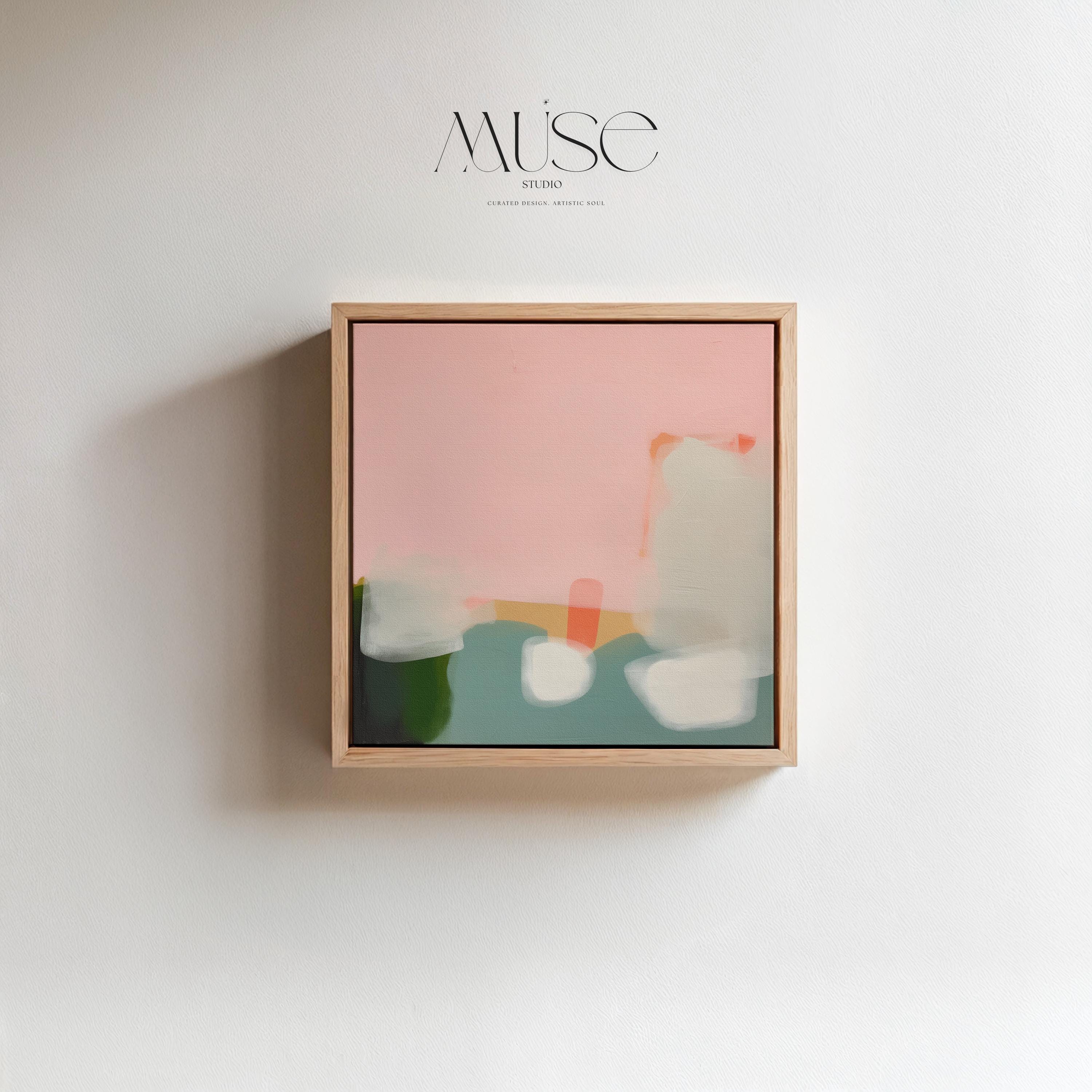 Framed Wall Art Soft Abstract Painting in Pink Green White for Neutral Organic Bedroom or Modern Living Room Decor Muse Studio 363 Framed Canvas Art Colorful abstract wall art on framed canvas, perfect for bold decor art and modern wall decor. Large statement piece with expressive brushstrokes and rich textures. Ready-to-hang giclée canvas designed to energize living rooms, offices, bedrooms and curated interiors. Muse Studio Decor Art.