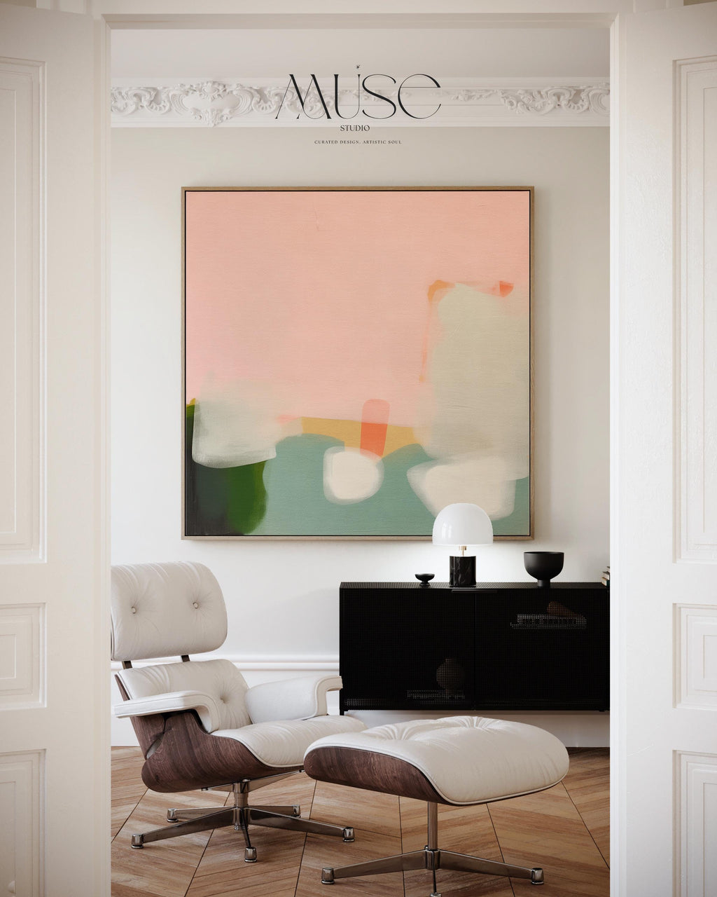 Framed Wall Art Soft Abstract Painting in Pink Green White for Neutral Organic Bedroom or Modern Living Room Decor Muse Studio 363