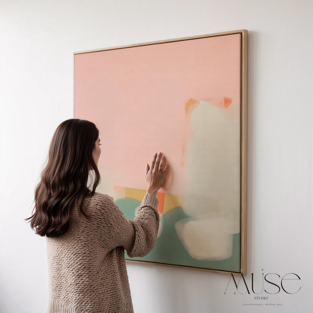 Framed Wall Art Soft Abstract Painting in Pink Green White for Neutral Organic Bedroom or Modern Living Room Decor Muse Studio 363 Framed Canvas Art Colorful abstract wall art on framed canvas, perfect for bold decor art and modern wall decor. Large statement piece with expressive brushstrokes and rich textures. Ready-to-hang giclée canvas designed to energize living rooms, offices, bedrooms and curated interiors. Muse Studio Decor Art.