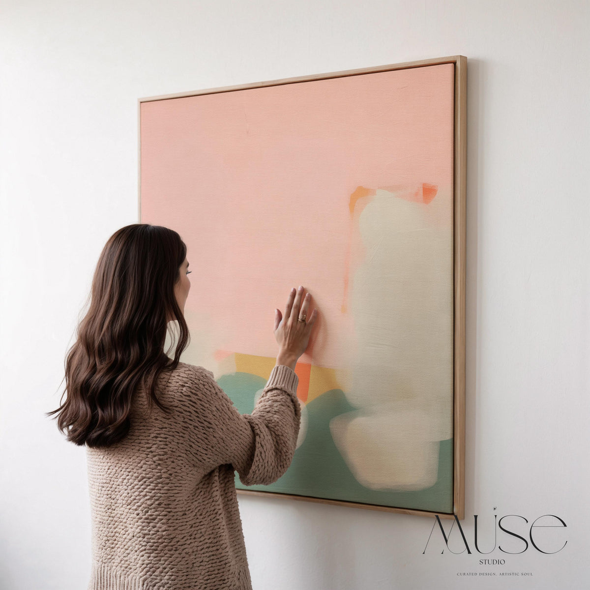 Framed Wall Art Soft Abstract Painting in Pink Green White for Neutral Organic Bedroom or Modern Living Room Decor Muse Studio 363 Framed Canvas Art Colorful abstract wall art on framed canvas, perfect for bold decor art and modern wall decor. Large statement piece with expressive brushstrokes and rich textures. Ready-to-hang giclée canvas designed to energize living rooms, offices, bedrooms and curated interiors. Muse Studio Decor Art.