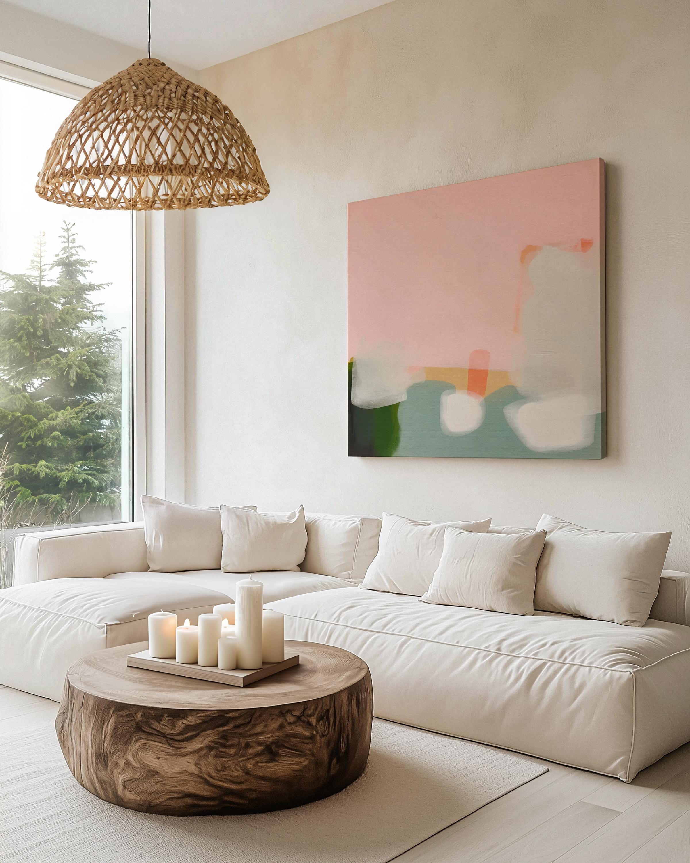 Large Canvas Wall Art Soft Abstract Painting in Blush Green and Ivory for Modern Minimalist Living Room Decor Muse Studio Art 363 Stretched Canvas Art Large abstract wall decor on stretched canvas, gallery-wrapped and ready to hang. Perfect for colorful wall art in living rooms, office spaces, and design projects. Giclée canvas print with bold brushwork and vibrant modern style for impactful home decor. Muse Studio Decor Art.