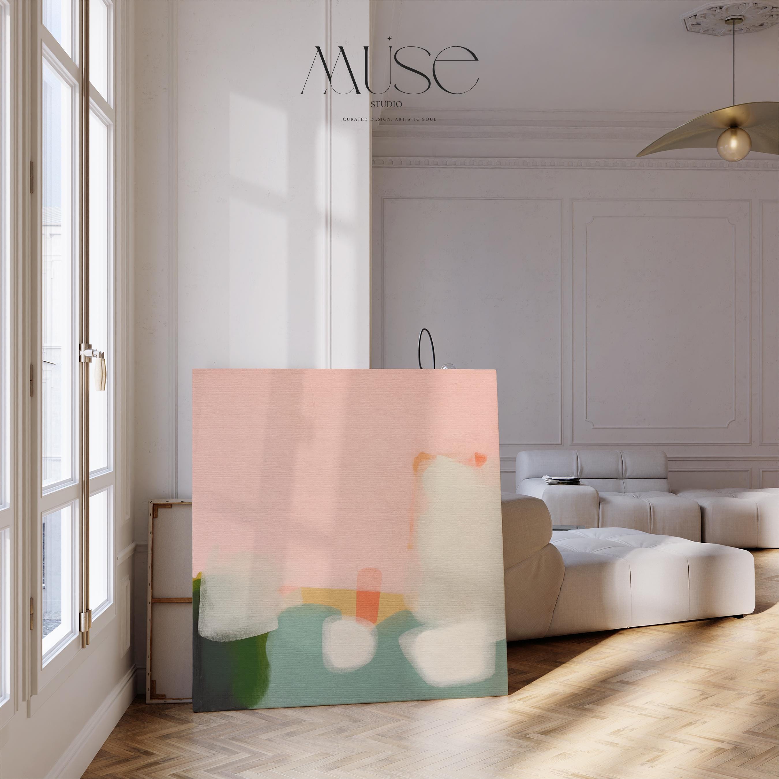 Large Canvas Wall Art Soft Abstract Painting in Blush Green and Ivory for Modern Minimalist Living Room Decor Muse Studio Art 363 Stretched Canvas Art Large abstract wall decor on stretched canvas, gallery-wrapped and ready to hang. Perfect for colorful wall art in living rooms, office spaces, and design projects. Giclée canvas print with bold brushwork and vibrant modern style for impactful home decor. Muse Studio Decor Art.