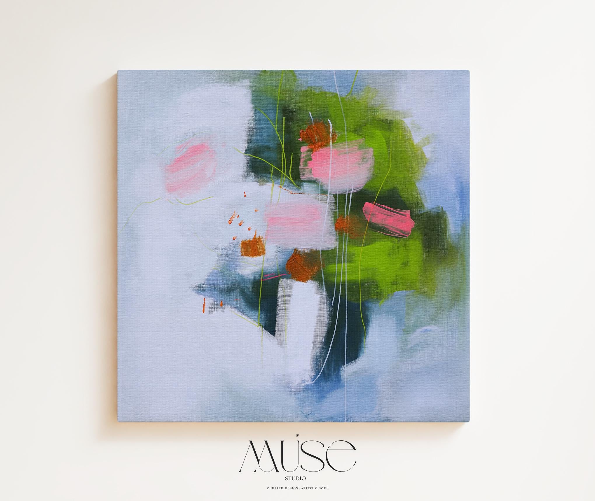 Large Colorful Abstract Canvas Wall Art in Pink Green and Blue, Framed Preppy Art Print for Living Room or Bedroom, Bright Decor 423