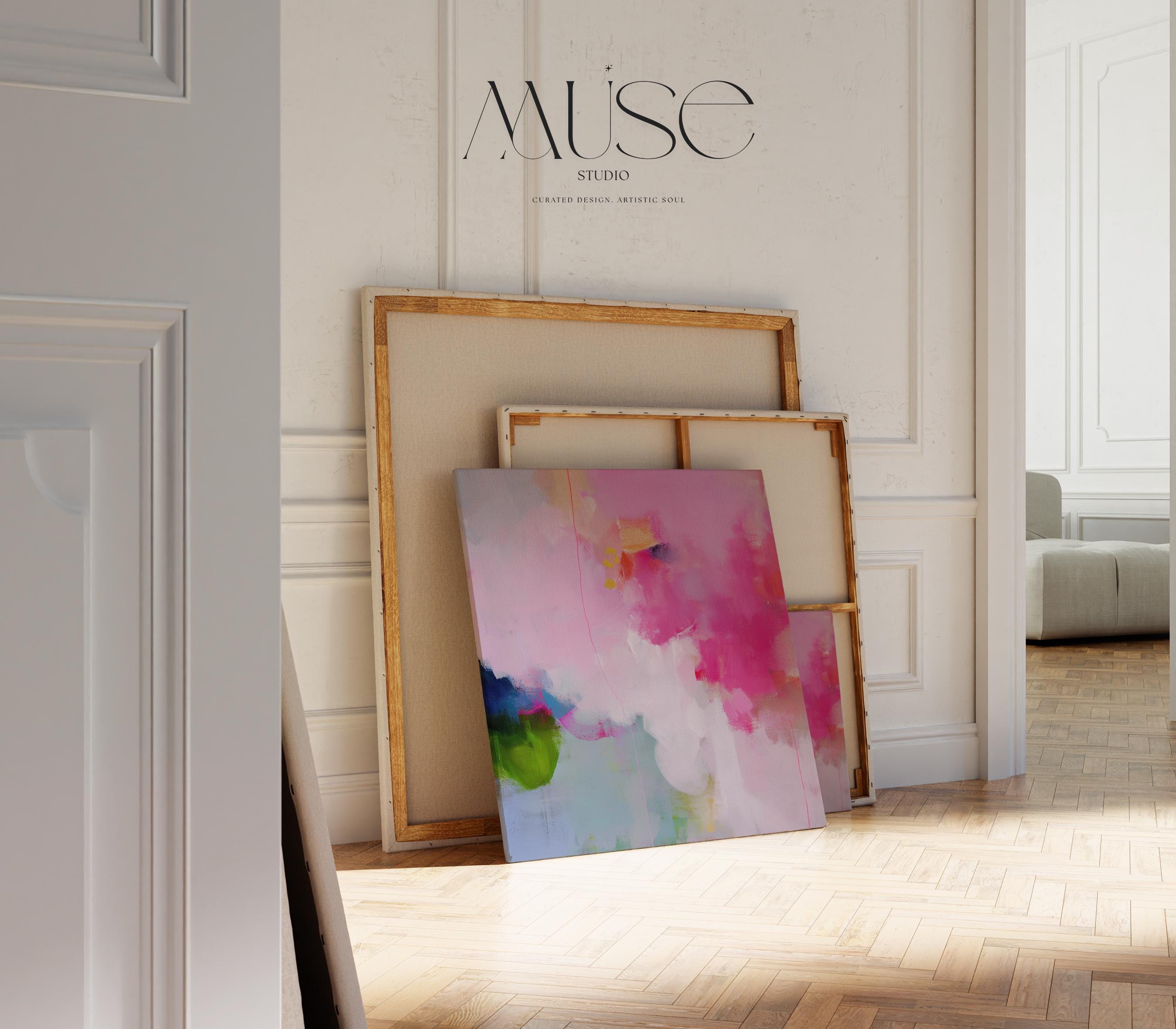 Soft Pink and Green Abstract Canvas Wall Art, Colorful Square Framed Art for Modern Living Room or Nursery, Preppy Color Pop Decor 424