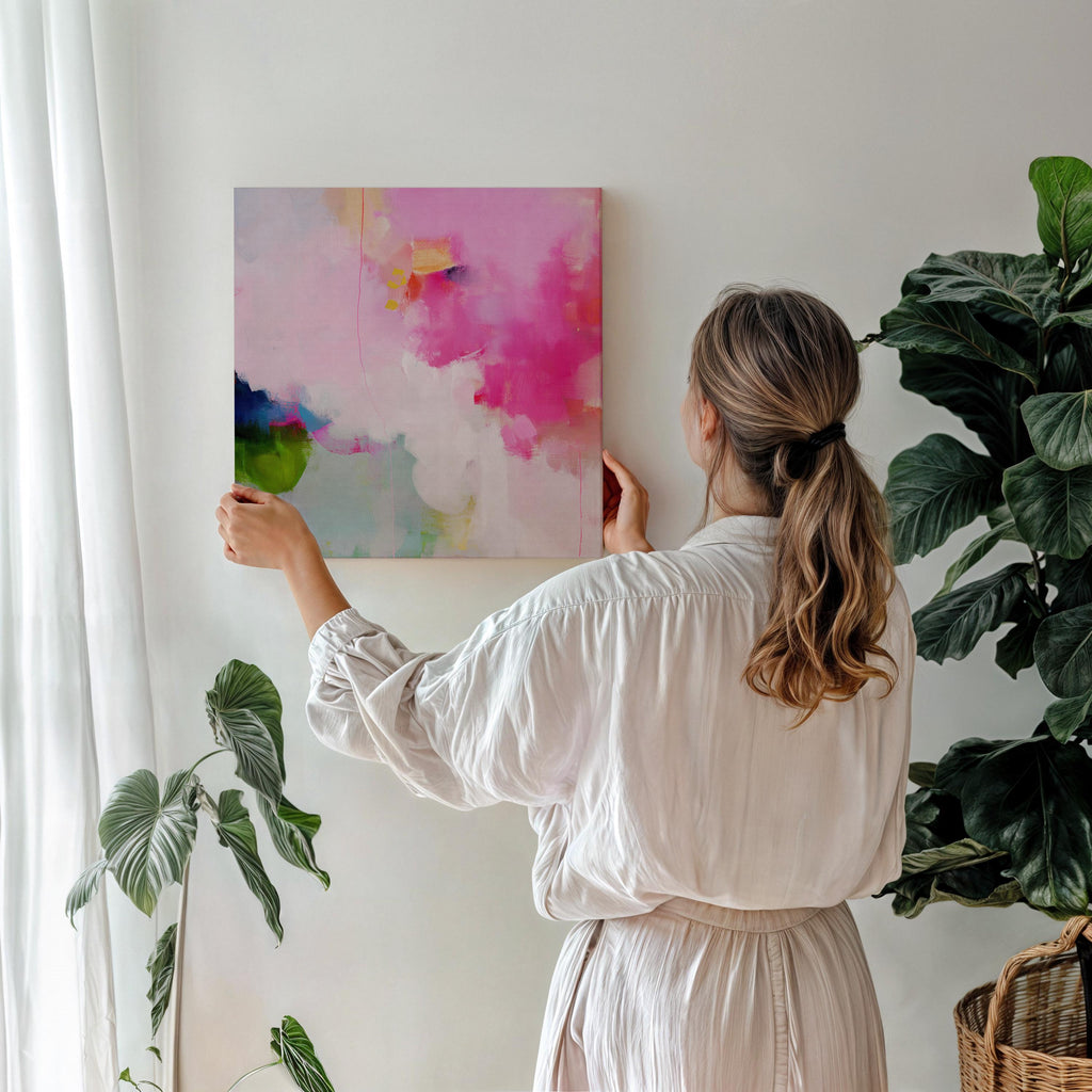 Soft Pink and Green Abstract Canvas Wall Art, Colorful Square Framed Art for Modern Living Room or Nursery, Preppy Color Pop Decor 424 Stretched Canvas Art Large abstract wall decor on stretched canvas, gallery-wrapped and ready to hang. Perfect for colorful wall art in living rooms, office spaces, and design projects. Giclée canvas print with bold brushwork and vibrant modern style for impactful home decor. Muse Studio Decor Art.