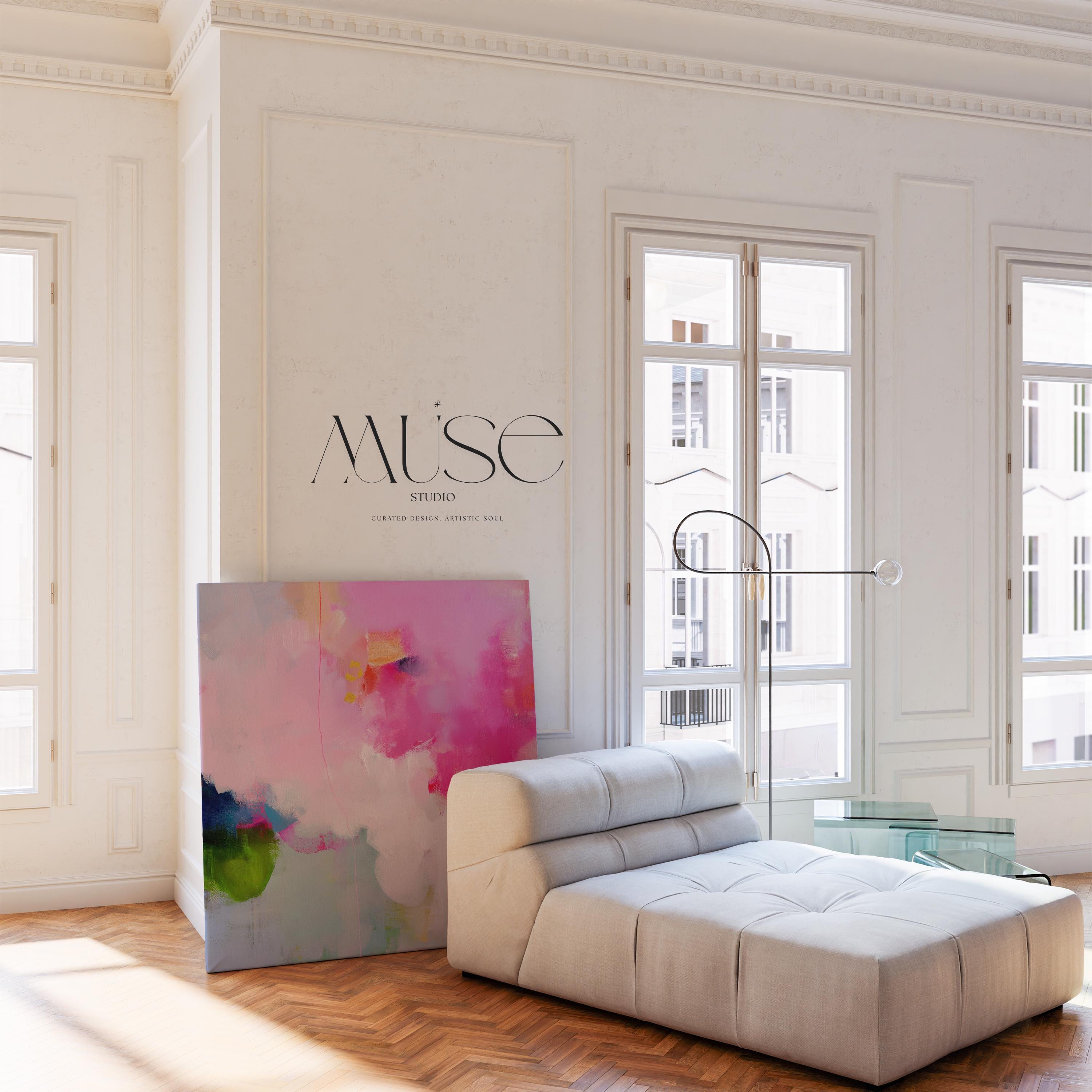 Soft Pink and Green Abstract Canvas Wall Art, Colorful Square Framed Art for Modern Living Room or Nursery, Preppy Color Pop Decor 424