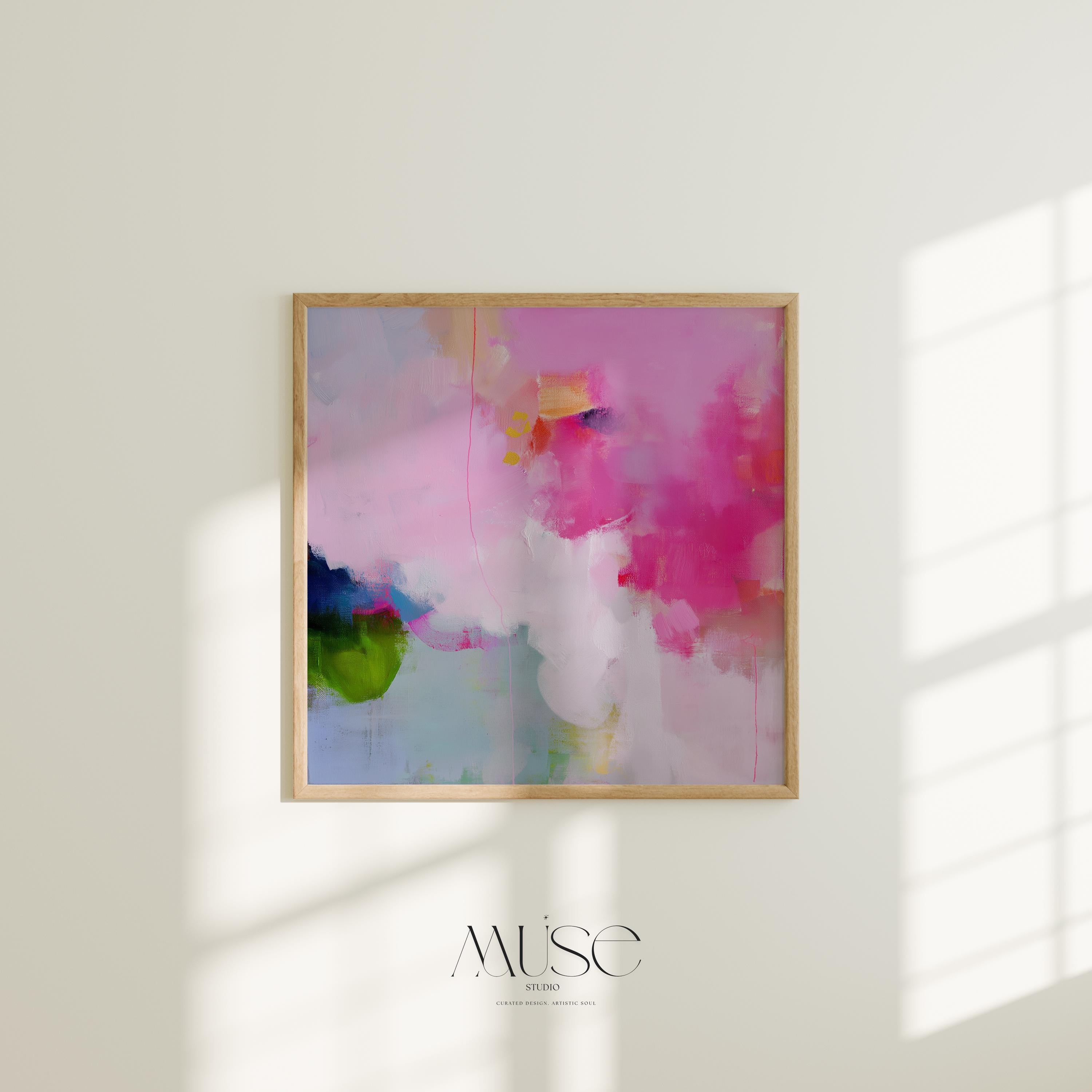 Fine Art Poster Print in Pink and Green, Abstract Wall Art for Preppy Nursery or Dorm, Colorful Dopamine Decor in Square Format 424