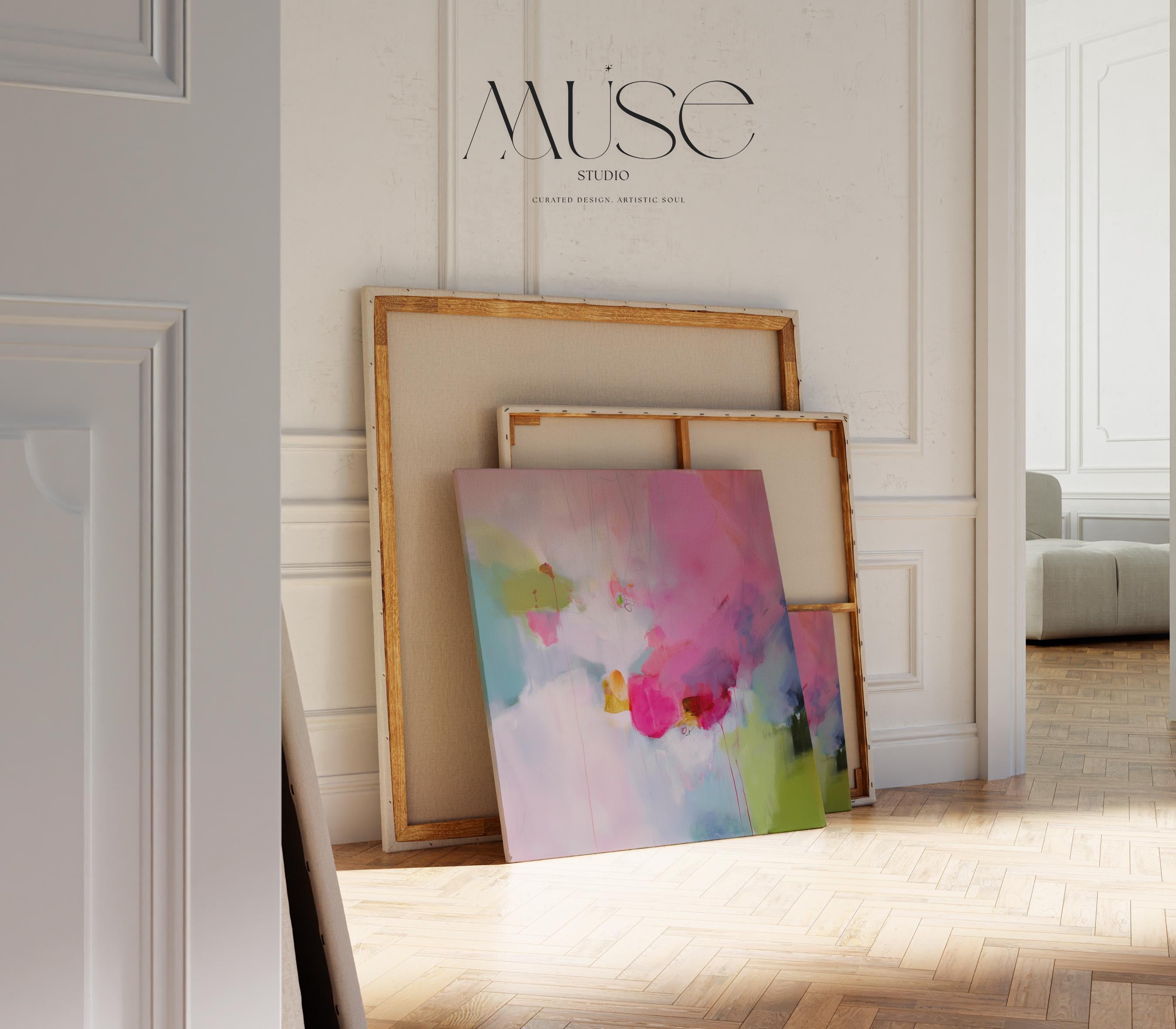 Pastel Pink and Green Abstract Canvas Wall Art, Large Square Framed Modern Artwork for Living Room or Nursery, Soft Colorful Decor 425