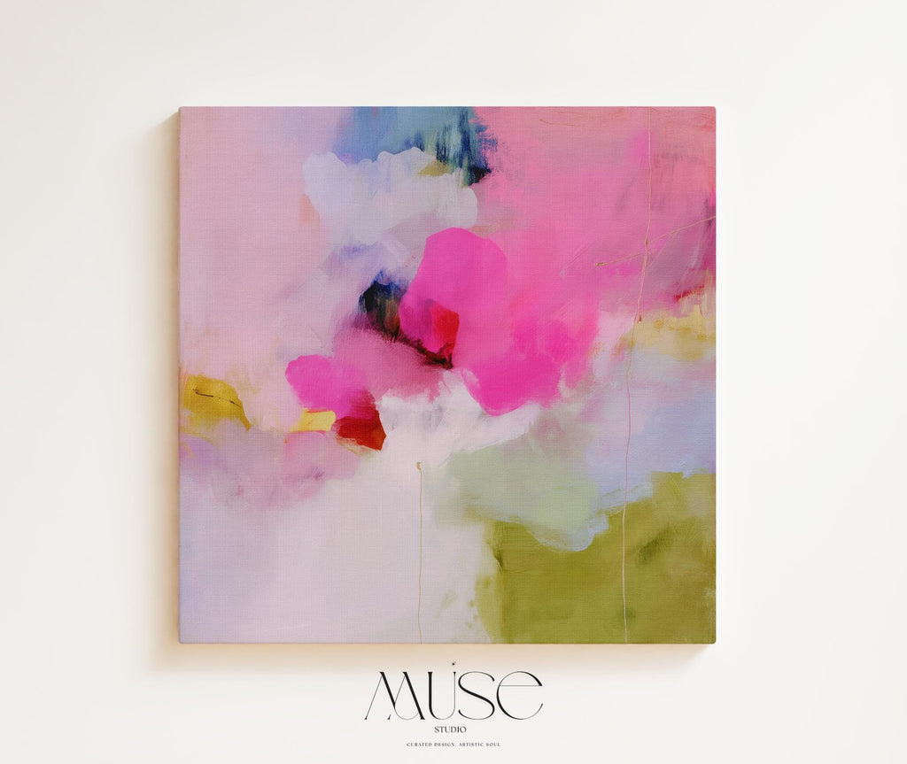 Abstract Floral Wall Art Pink Fuchsia Green Canvas Painting Soft Botanical Decor Art for Living Room Bedroom Modern Style | Muse 426 Stretched Canvas Art Large abstract wall decor on stretched canvas, gallery-wrapped and ready to hang. Perfect for colorful wall art in living rooms, office spaces, and design projects. Giclée canvas print with bold brushwork and vibrant modern style for impactful home decor. Muse Studio Decor Art.