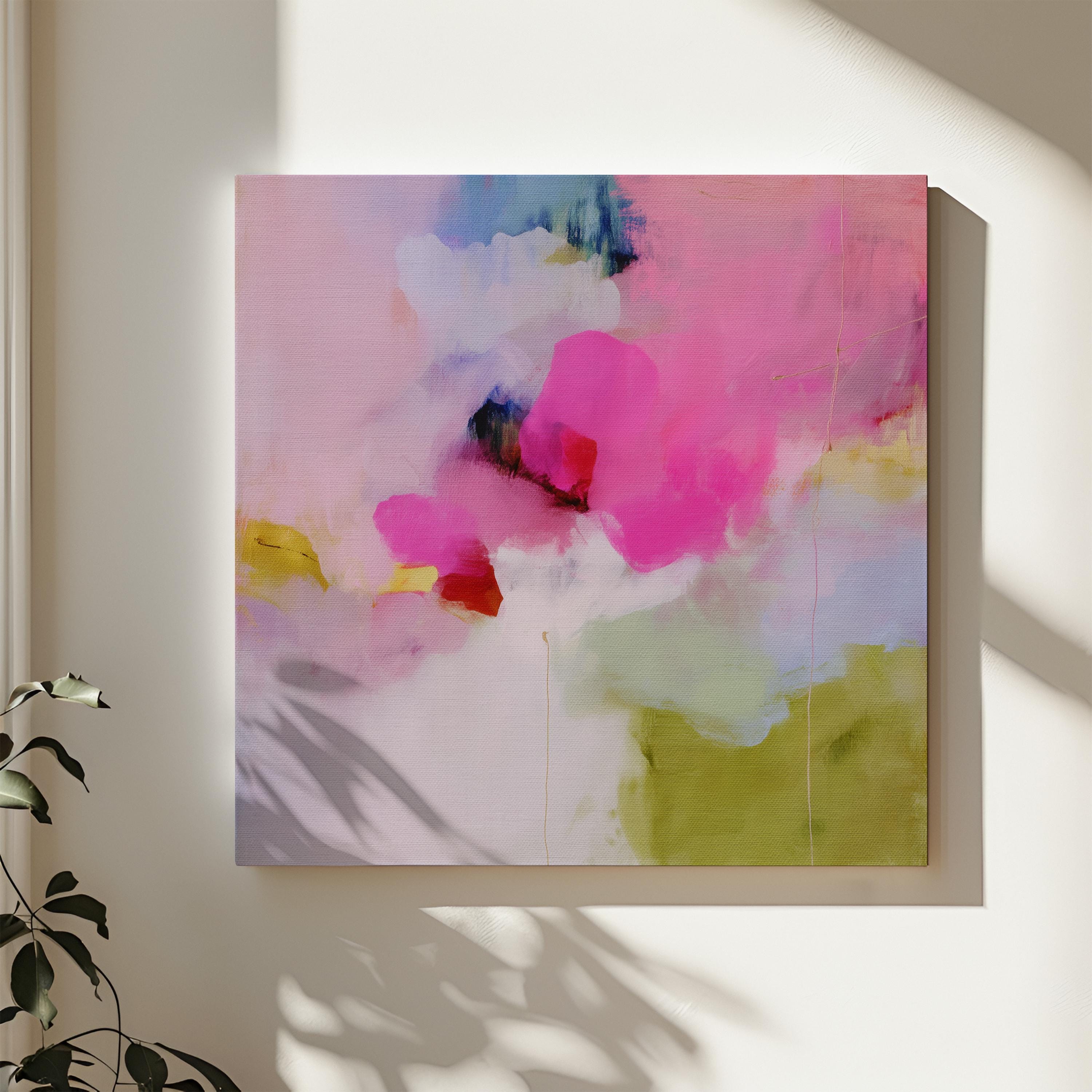 Abstract Floral Wall Art Pink Fuchsia Green Canvas Painting Soft Botanical Decor Art for Living Room Bedroom Modern Style | Muse 426 Stretched Canvas Art Large abstract wall decor on stretched canvas, gallery-wrapped and ready to hang. Perfect for colorful wall art in living rooms, office spaces, and design projects. Giclée canvas print with bold brushwork and vibrant modern style for impactful home decor. Muse Studio Decor Art.
