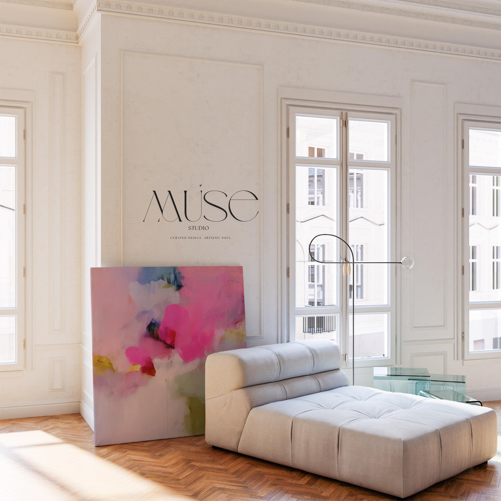 Abstract Floral Wall Art Pink Fuchsia Green Canvas Painting Soft Botanical Decor Art for Living Room Bedroom Modern Style | Muse 426