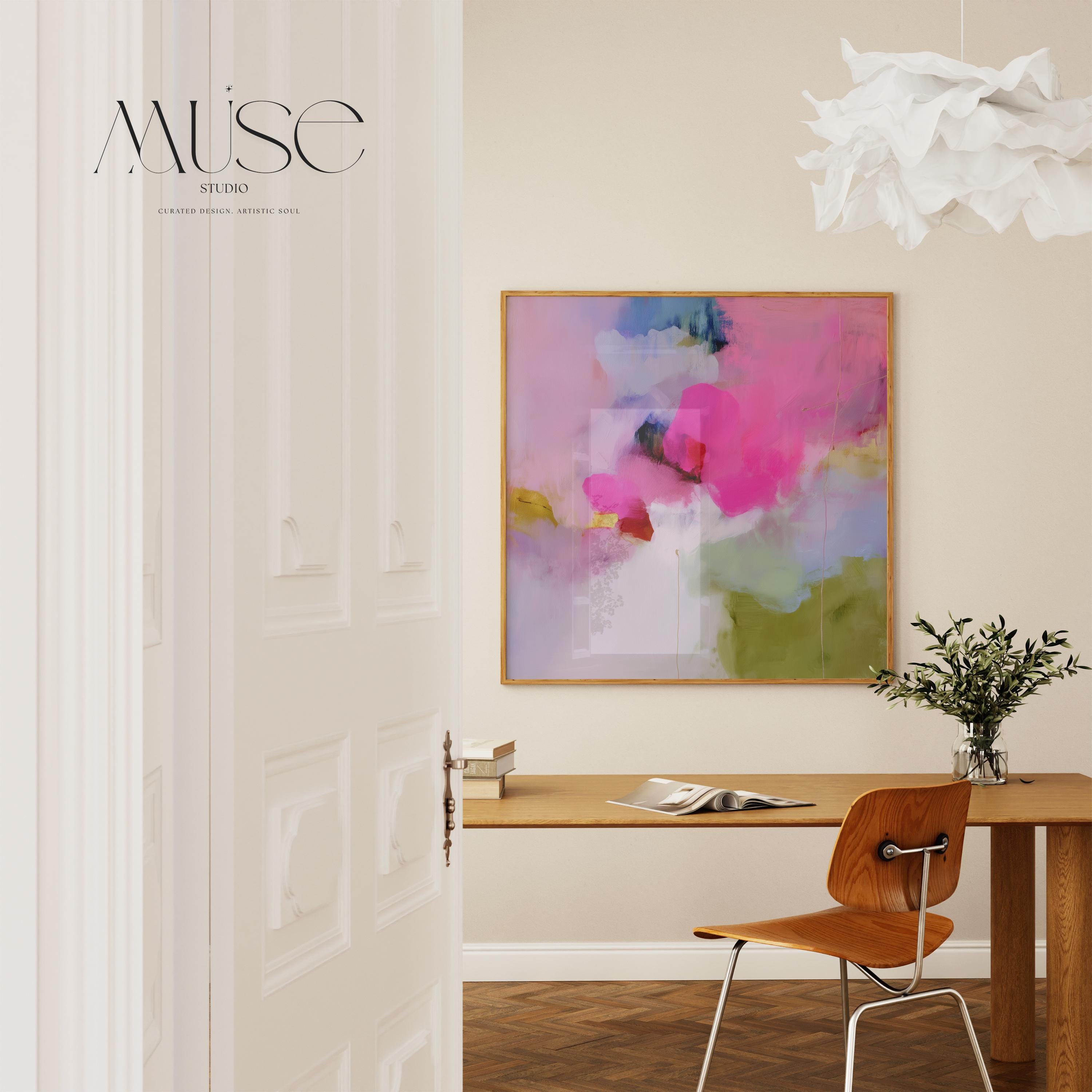Botanical Abstract Art Print Pink Fuchsia Olive Green Soft Bright Decor Wall Art for Bedroom Office Living Room Modern Poster | Muse 426