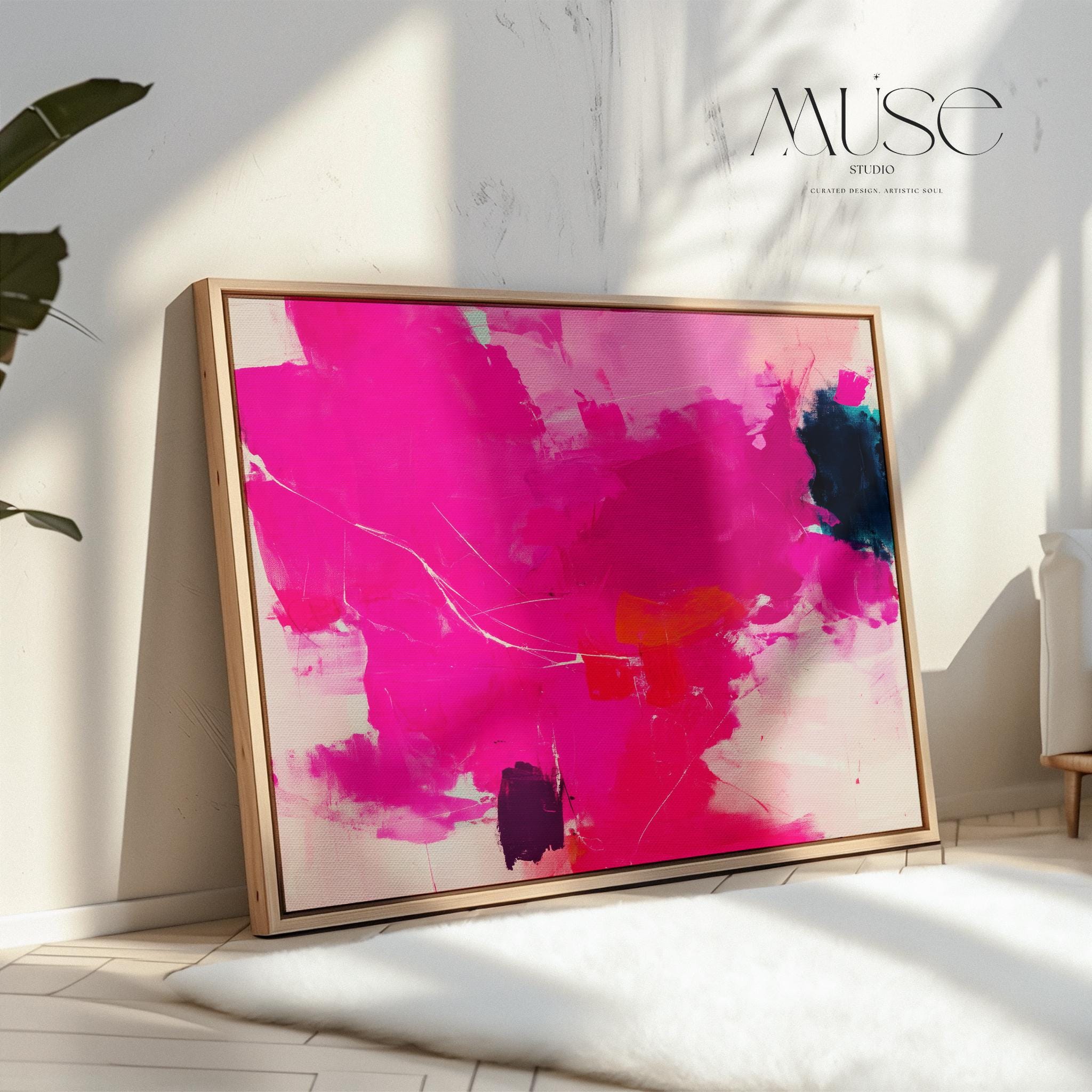 Bold Fuchsia Abstract Canvas Art Pink Navy Orange Painting Horizontal Wall Decor for Living Room Office Modern Statement Art | Muse 445