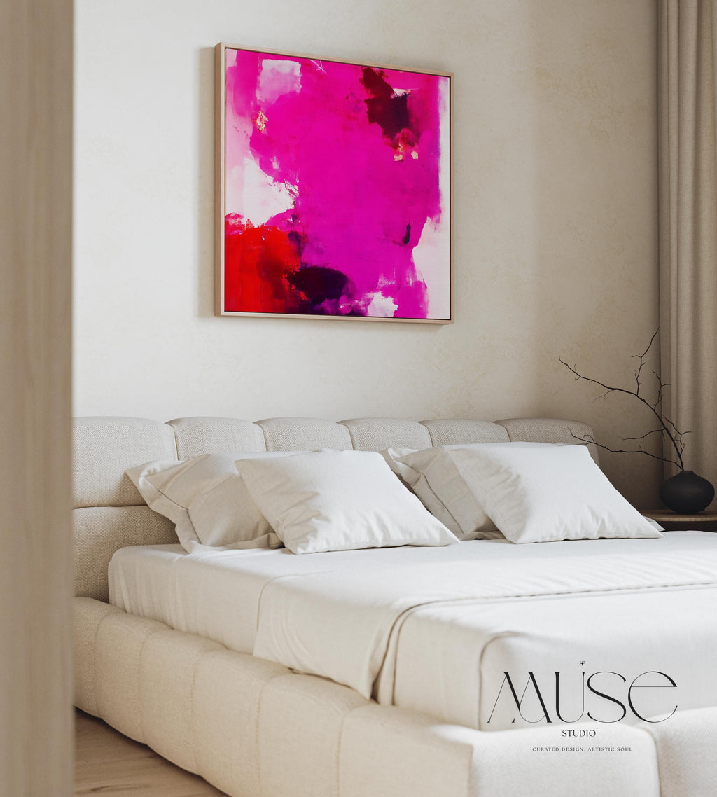 Fuchsia Red Abstract Wall Art Square Canvas Painting Bold Modern Decor for Living Room Bedroom Office Statement Art Framed Option | Muse 444