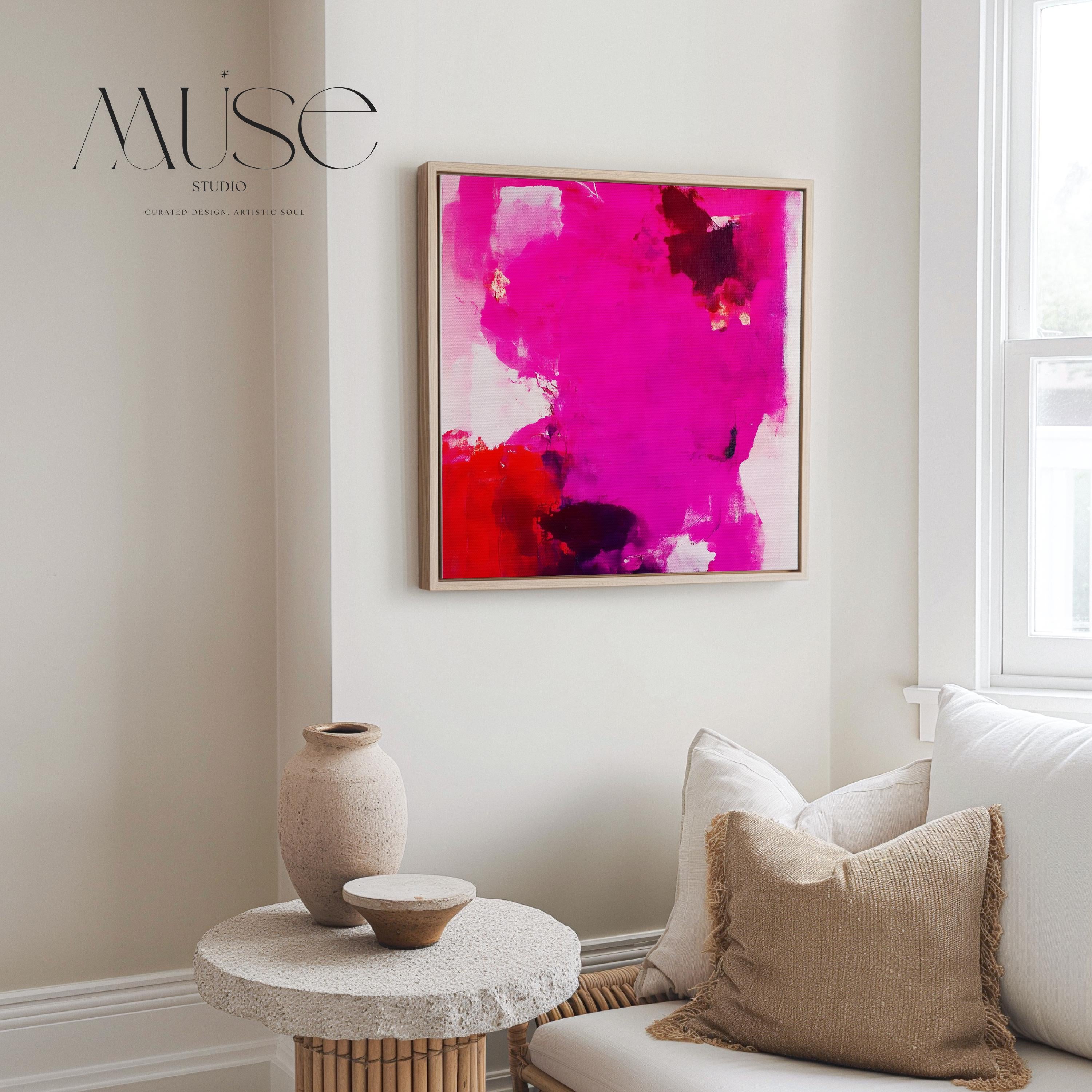 Fuchsia Red Abstract Wall Art Square Canvas Painting Bold Modern Decor for Living Room Bedroom Office Statement Art Framed Option | Muse 444