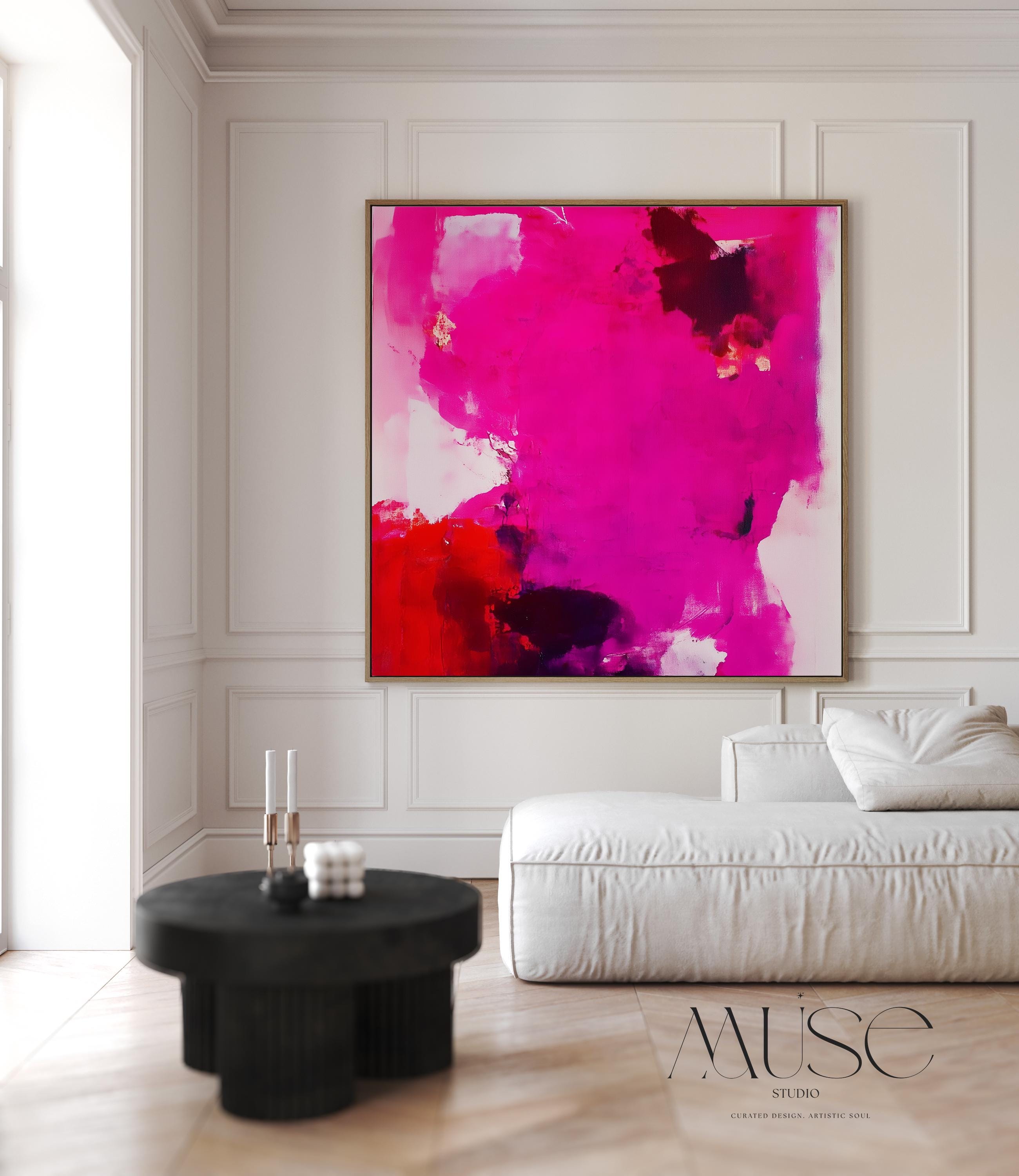 Fuchsia Red Abstract Wall Art Square Canvas Painting Bold Modern Decor for Living Room Bedroom Office Statement Art Framed Option | Muse 444