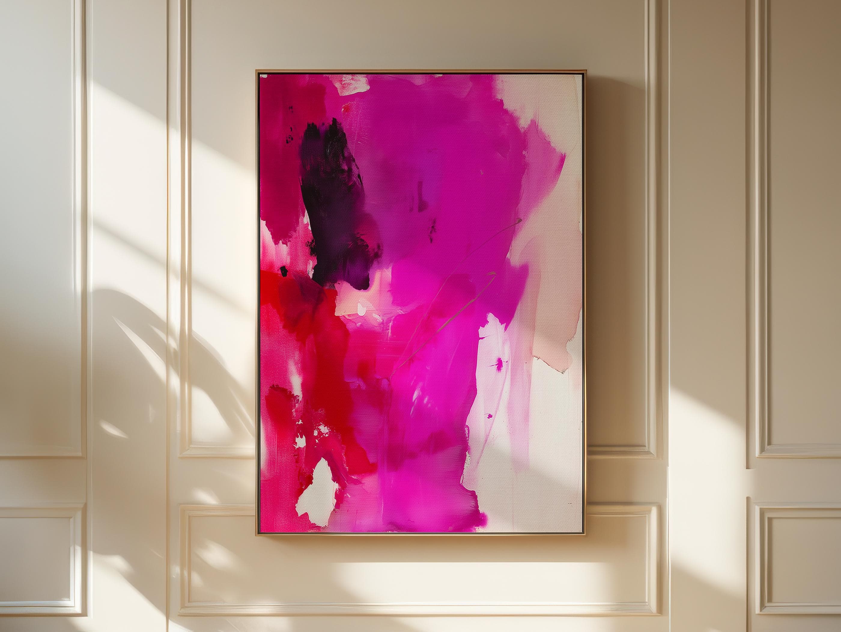 Fuchsia Red Abstract Framed Vertical Color Pop Canvas Modern Bold Painting Minimalist Expressionist Artwork Contemporary Style | Muse 446 Framed Canvas Art Colorful abstract wall art on framed canvas, perfect for bold decor art and modern wall decor. Large statement piece with expressive brushstrokes and rich textures. Ready-to-hang giclée canvas designed to energize living rooms, offices, and curated interiors. Muse Studio Decor Art.