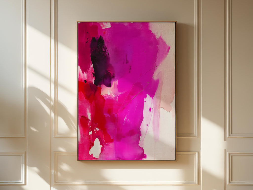 Fuchsia Red Abstract Framed Vertical Color Pop Canvas Modern Bold Painting Minimalist Expressionist Artwork Contemporary Style | Muse 446 Framed Canvas Art Colorful abstract wall art on framed canvas, perfect for bold decor art and modern wall decor. Large statement piece with expressive brushstrokes and rich textures. Ready-to-hang giclée canvas designed to energize living rooms, offices, and curated interiors. Muse Studio Decor Art.