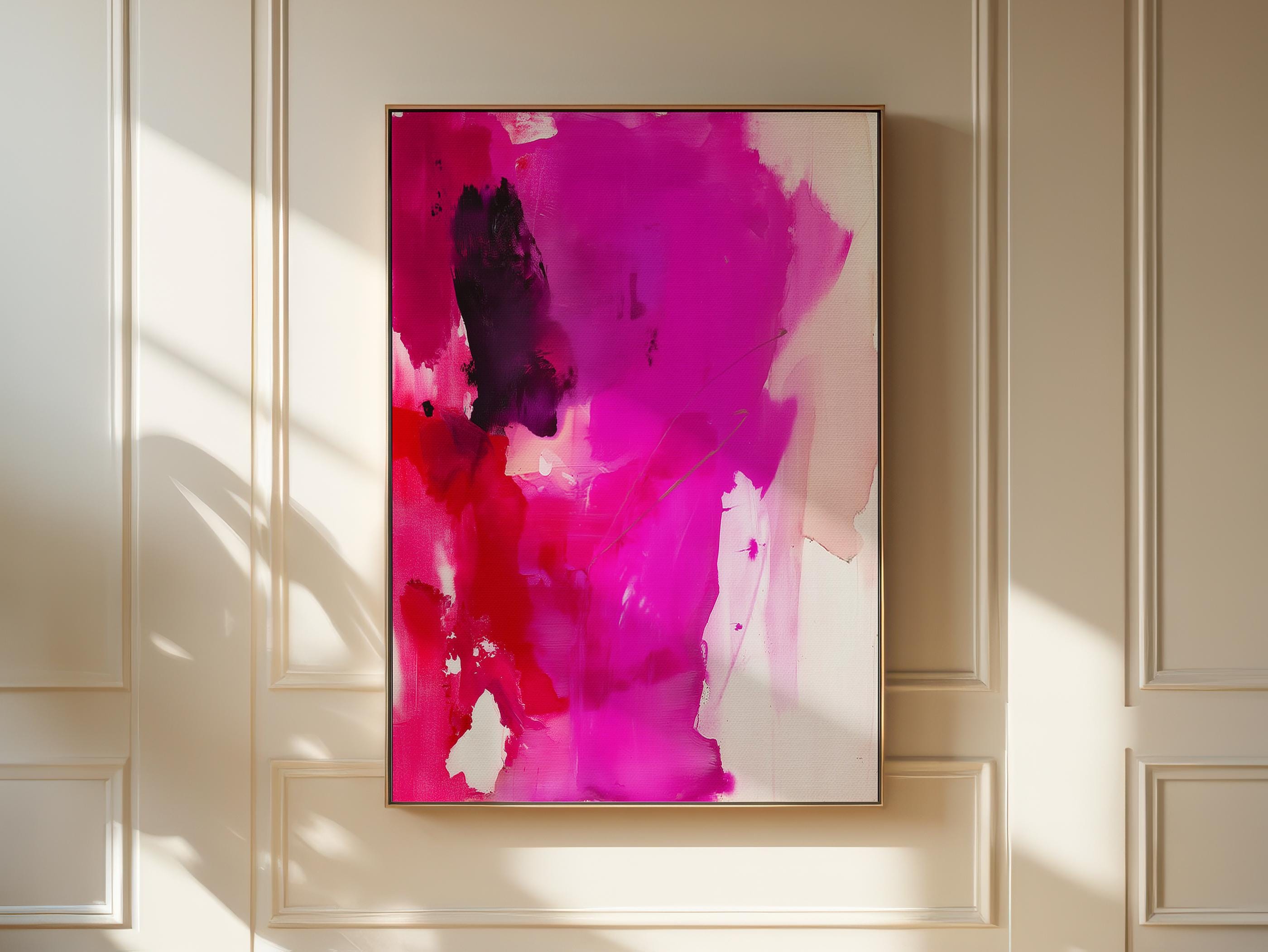 Fuchsia Red Abstract Framed Vertical Color Pop Canvas Modern Bold Painting Minimalist Expressionist Artwork Contemporary Style | Muse 446 Framed Canvas Art Colorful abstract wall art on framed canvas, perfect for bold decor art and modern wall decor. Large statement piece with expressive brushstrokes and rich textures. Ready-to-hang giclée canvas designed to energize living rooms, offices, and curated interiors. Muse Studio Decor Art.
