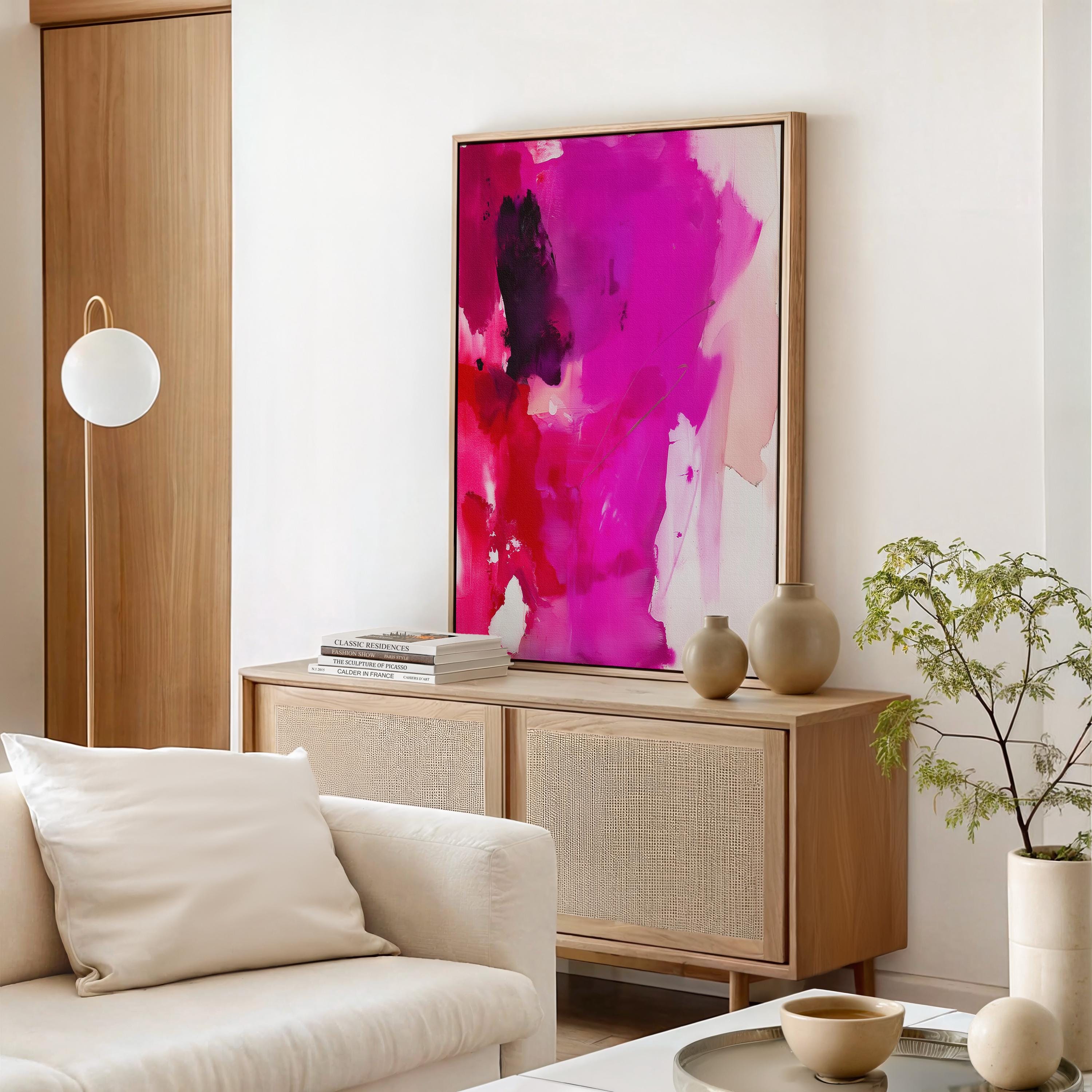 Fuchsia Red Abstract Framed Vertical Color Pop Canvas Modern Bold Painting Minimalist Expressionist Artwork Contemporary Style | Muse 446 Framed Canvas Art Colorful abstract wall art on framed canvas, perfect for bold decor art and modern wall decor. Large statement piece with expressive brushstrokes and rich textures. Ready-to-hang giclée canvas designed to energize living rooms, offices, and curated interiors. Muse Studio Decor Art.