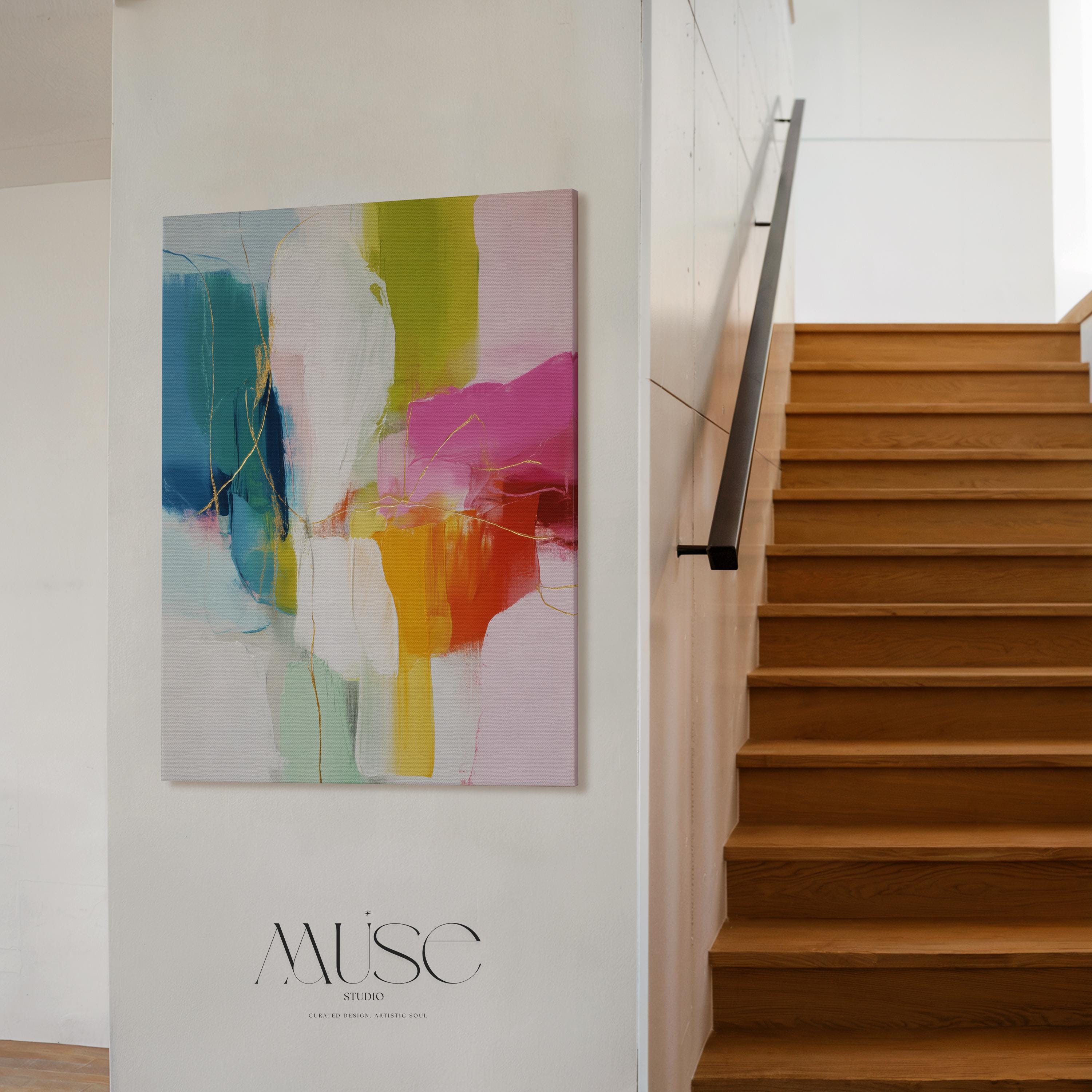 Large Abstract Wall Art in Fuchsia Lime Orange Vertical Canvas Bold Color Pop Painting for Office or Living Room Decor Muse Studio 462
