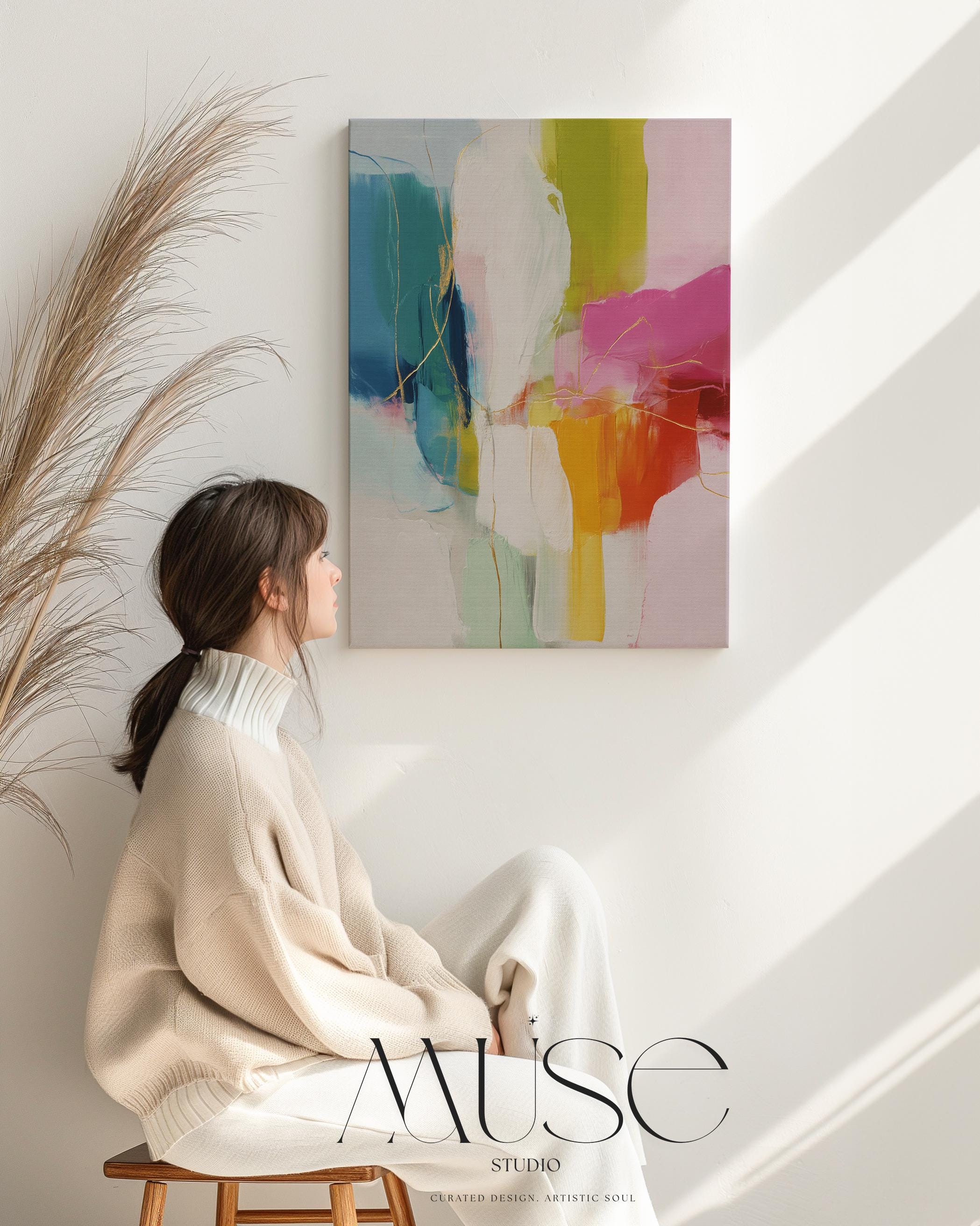 Large Abstract Wall Art in Fuchsia Lime Orange Vertical Canvas Bold Color Pop Painting for Office or Living Room Decor Muse Studio 462