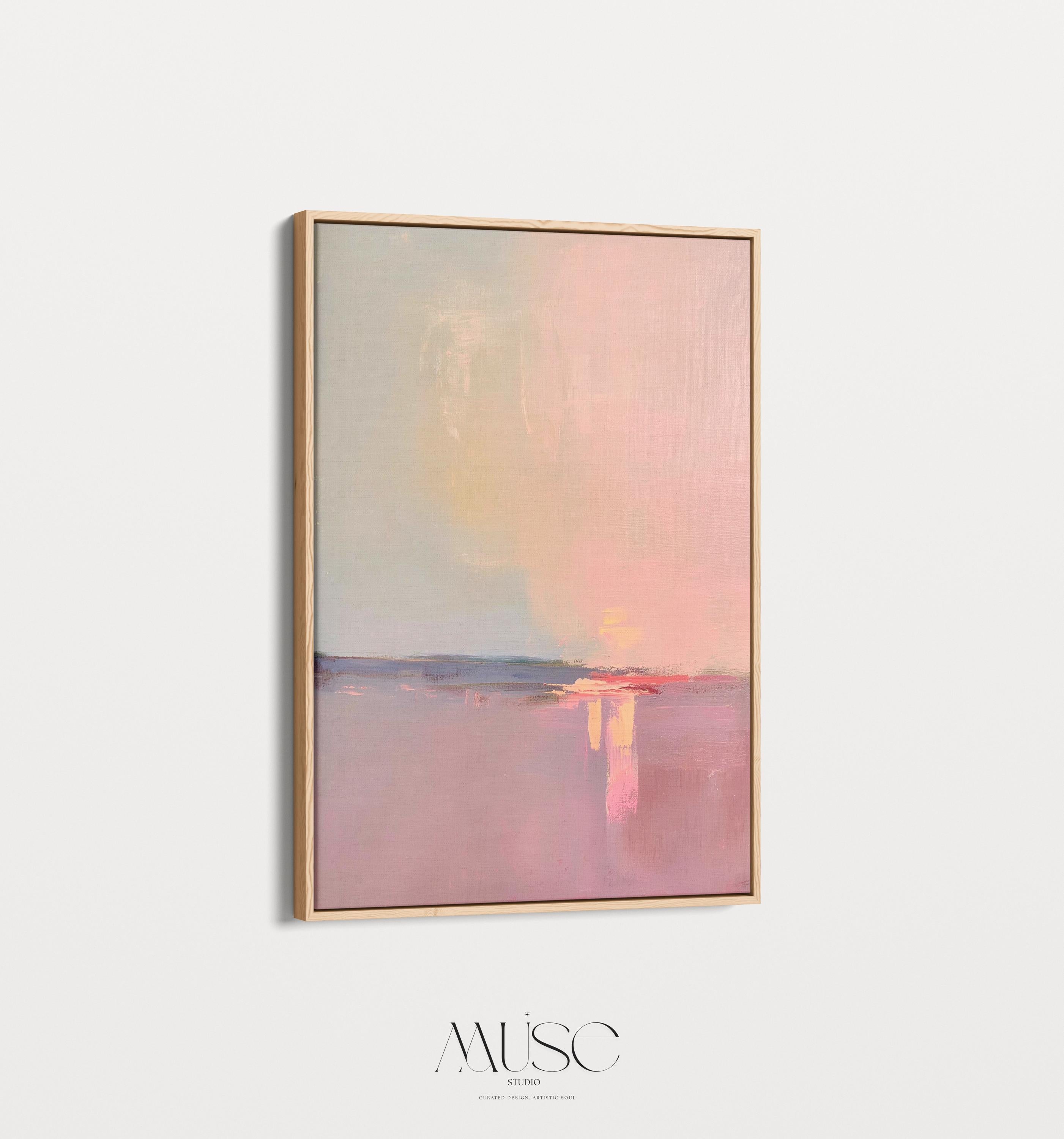 Framed Sunset Abstract Art in Pink Amber Plum Vertical Canvas Wall Art Modern Soft Minimalist Painting for Living Room or Entryway 460