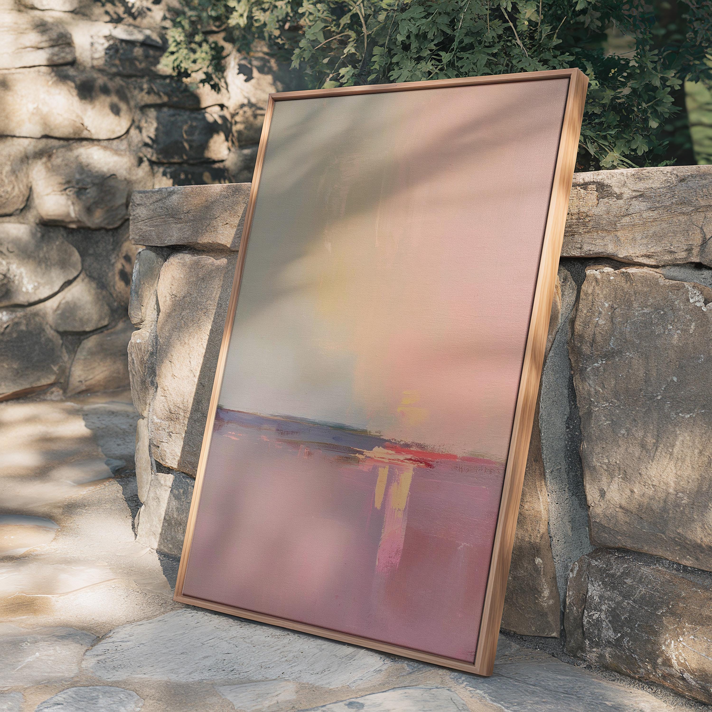 Framed Sunset Abstract Art in Pink Amber Plum Vertical Canvas Wall Art Modern Soft Minimalist Painting for Living Room or Entryway 460