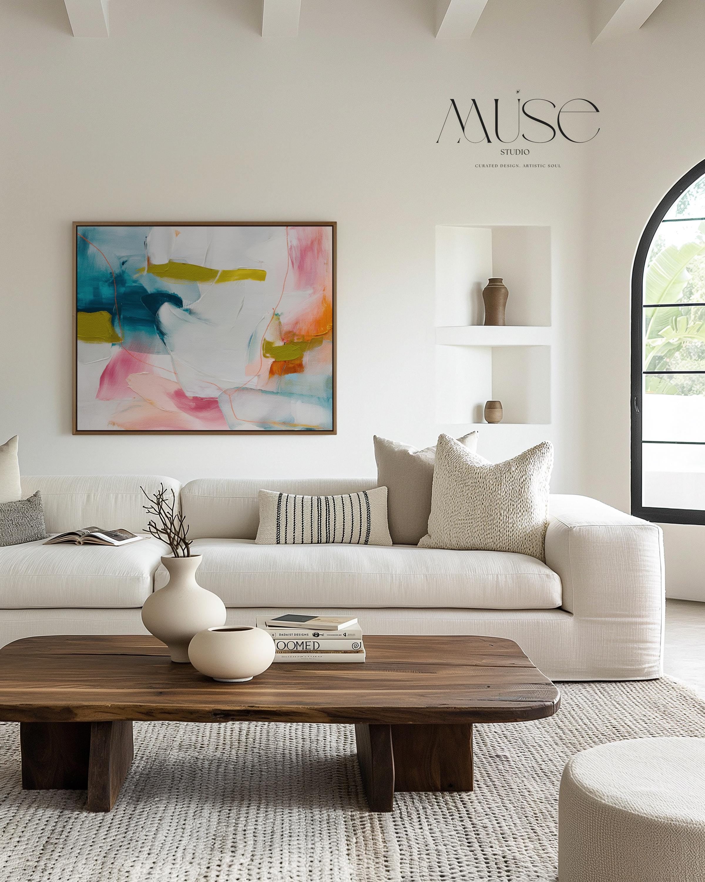 Framed Abstract Wall Art Pink Blue Mustard Canvas Painting for Living Room Warm Minimalist Modern Decor Horizontal Art Print 463