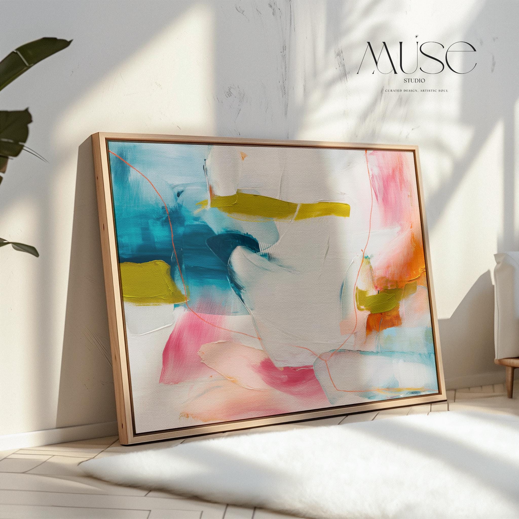 Framed Abstract Wall Art Pink Blue Mustard Canvas Painting for Living Room Warm Minimalist Modern Decor Horizontal Art Print 463