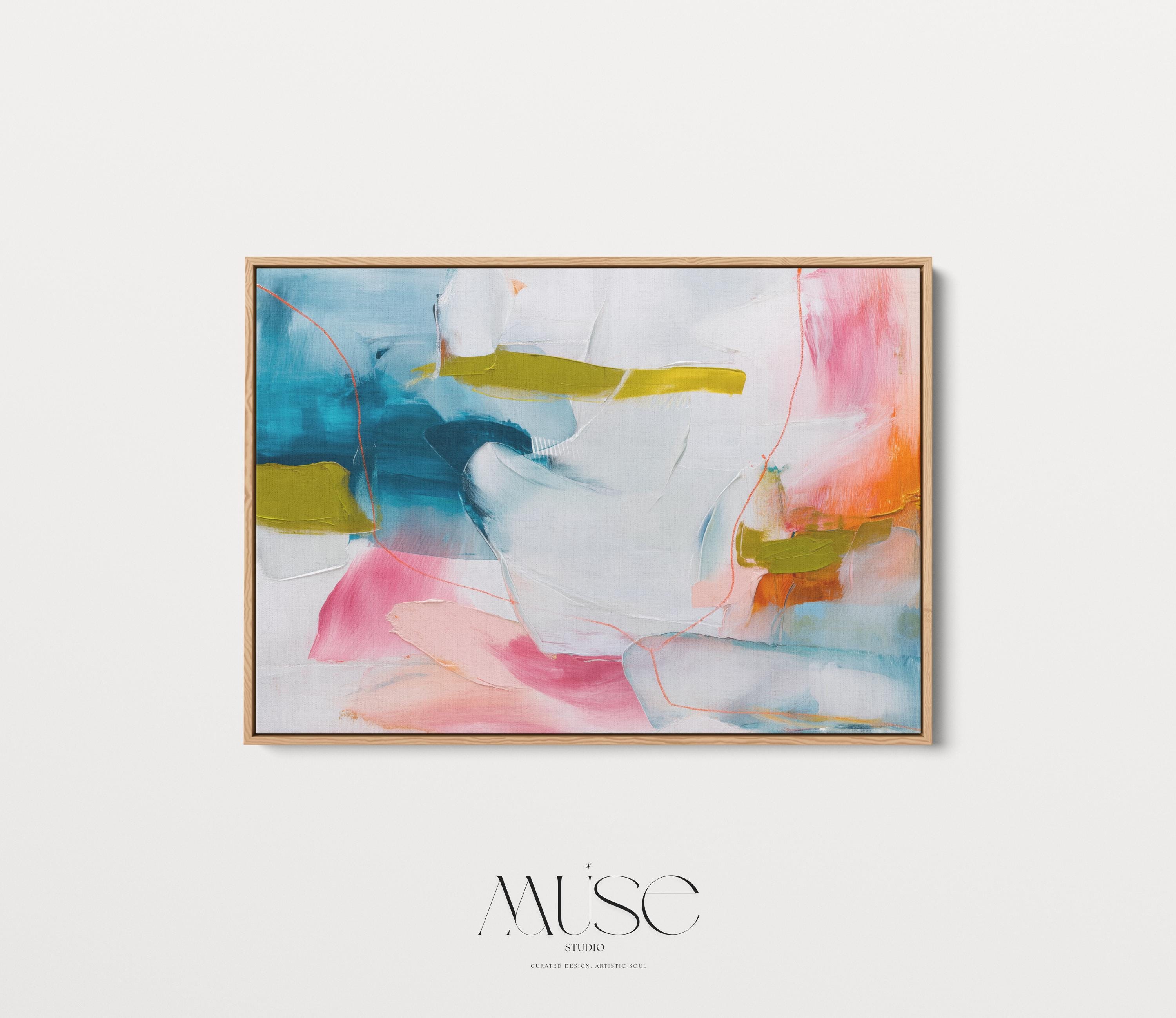 Framed Abstract Wall Art Pink Blue Mustard Canvas Painting for Living Room Warm Minimalist Modern Decor Horizontal Art Print 463