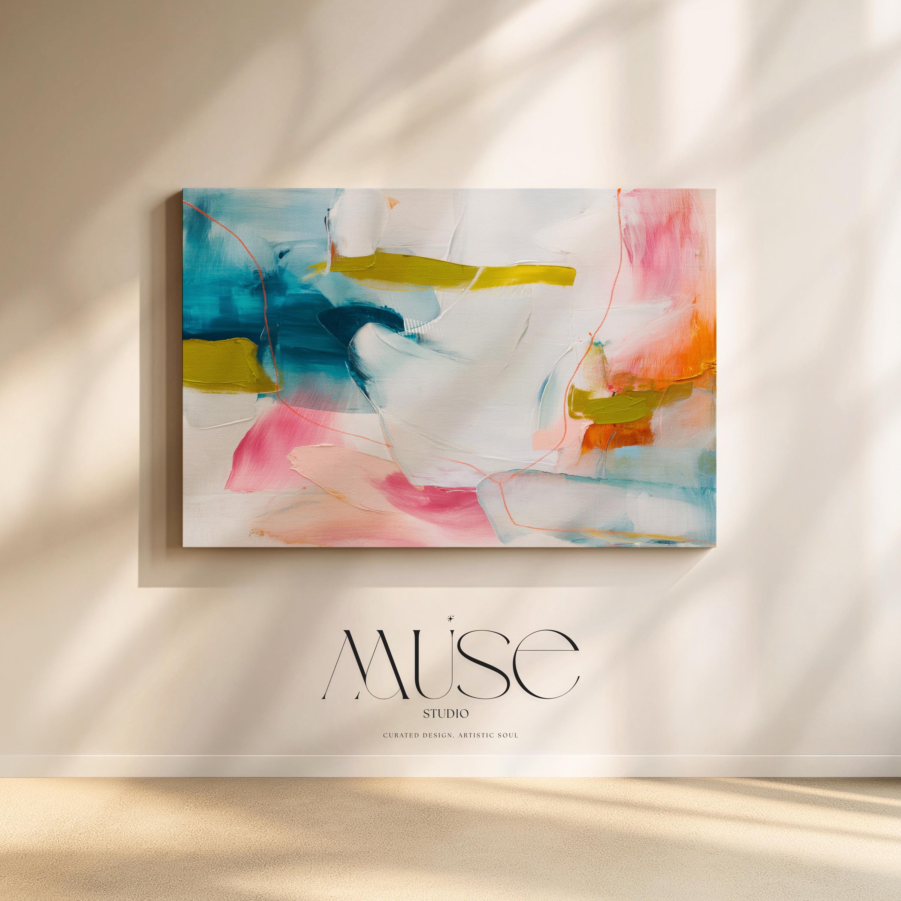 Abstract Canvas Wall Art Pink Blue Mustard Painting Modern Horizontal Decor Warm Minimalist Art for Home Bold Eclectic Modern Decor Art 463
